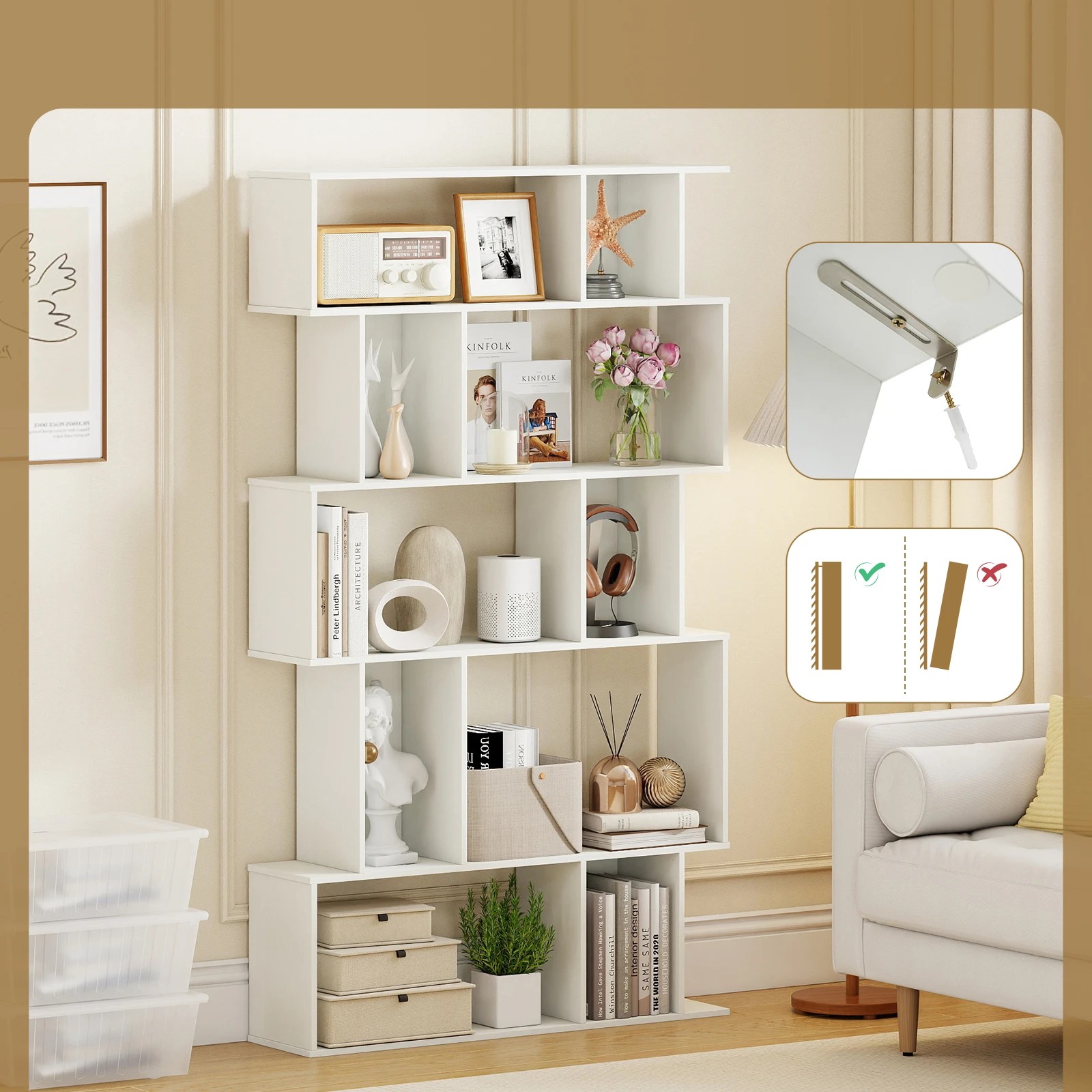 3 Costway Geometric Bookshelf 5-Tier Bookcase Open Shelves Rack Storage Organiser - White, 3 of 4