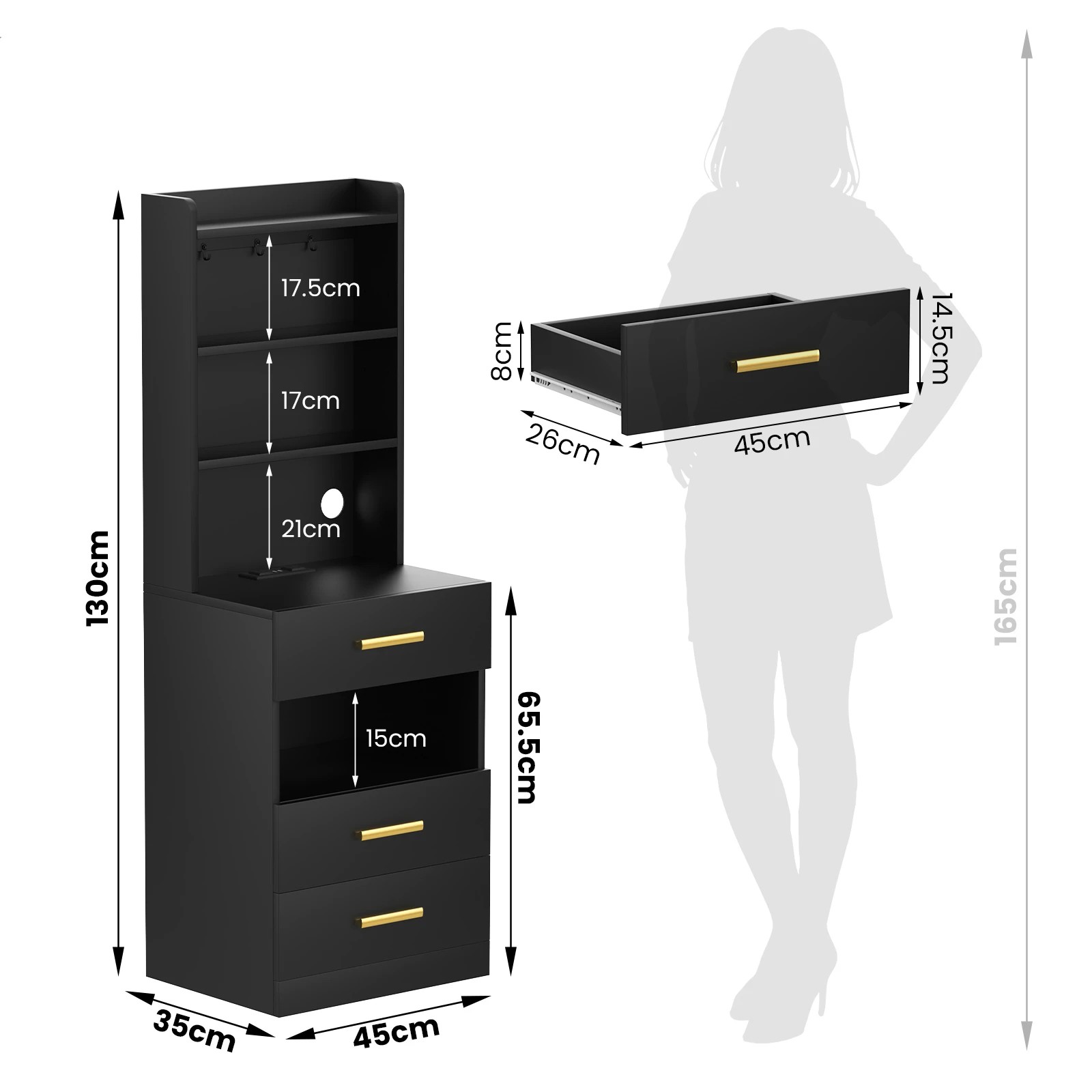 3 Advwin Set of 2 Tall Bedside Table with Charging Station LED Lights 3 Drawers - Black, 3 of 9