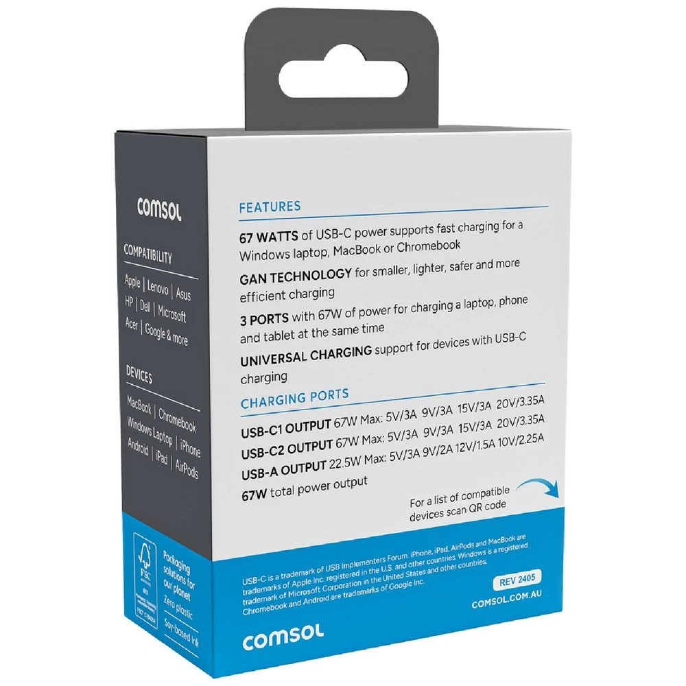 3 Comsol 67W 3 Port Wall Charger White, 3 of 5