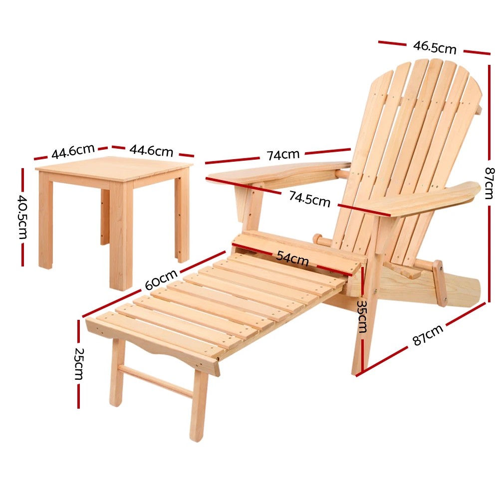 2 Gardeon 3PC Adirondack Outdoor Table and Chairs? Wooden Sun Lounge Beach Patio - Natural, 2 of 8