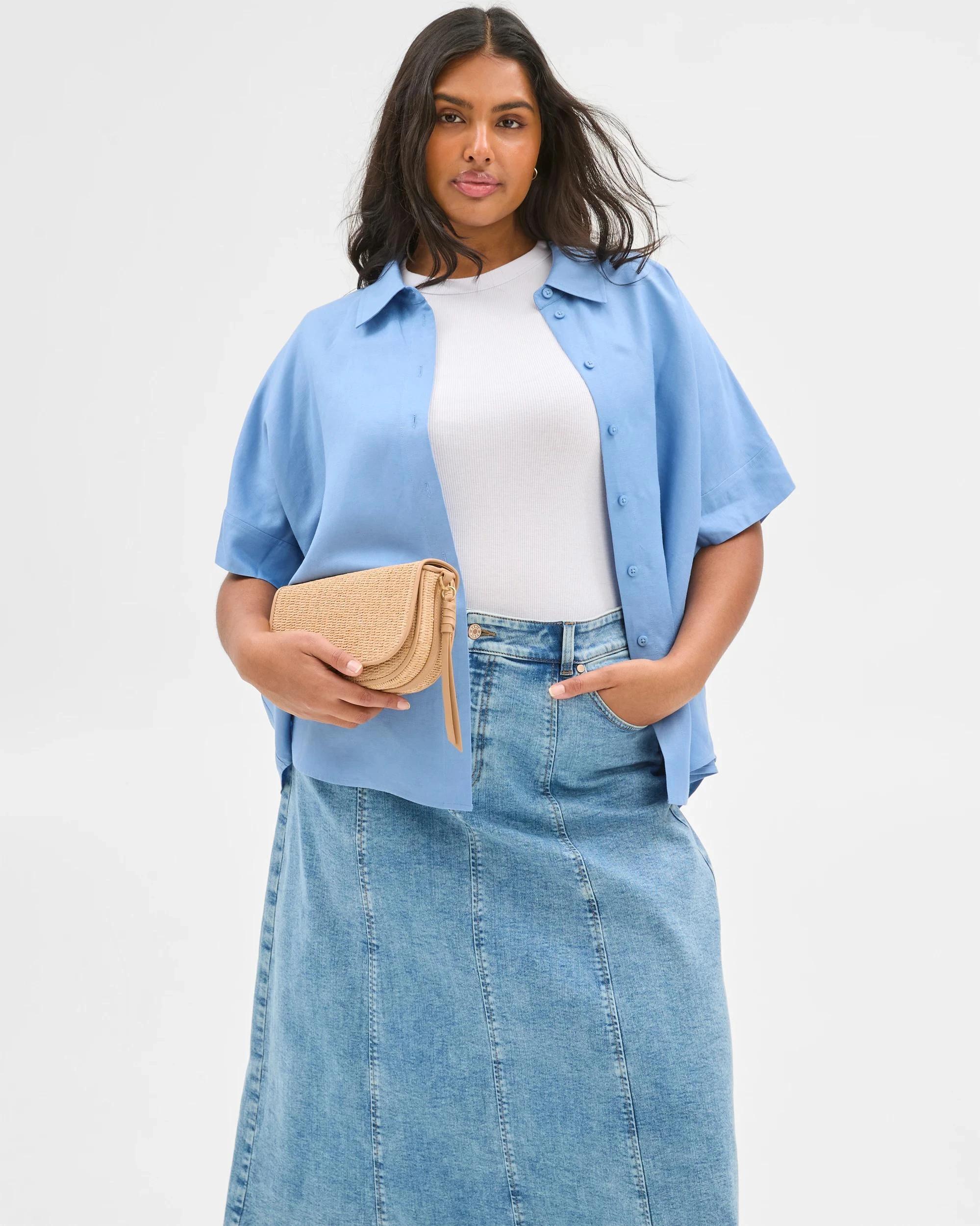 1 Target Plus Size European Linen Blend Boxy Shirt ASHLEIGH BLUE, 1 of 6