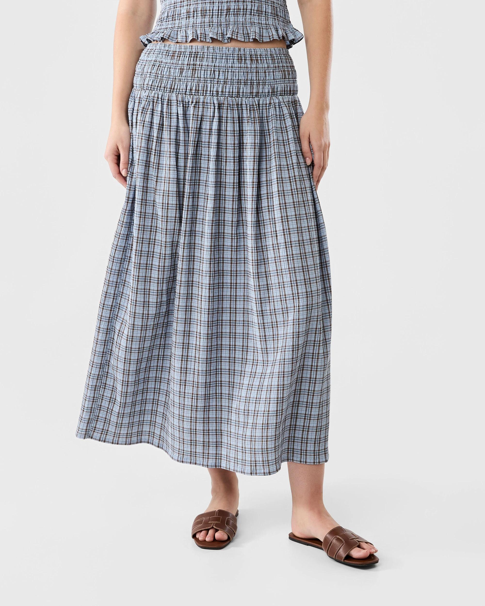 1 Shirred Maxi Skirt Ging Blu, 1 of 5
