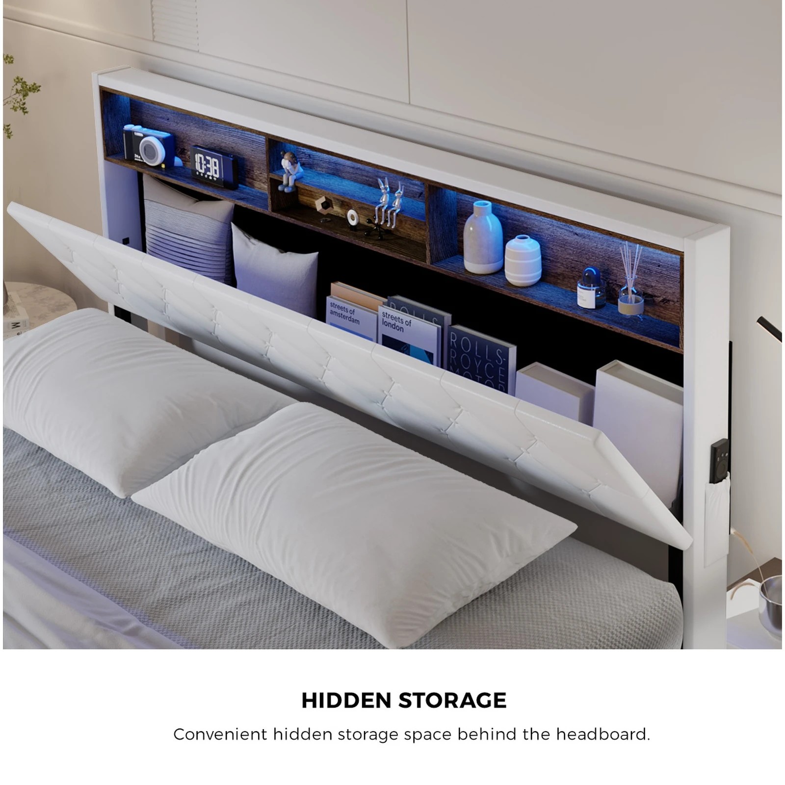 5 Oikiture Bed Frame King Size with LED Storage Bedhead - White, 5 of 9