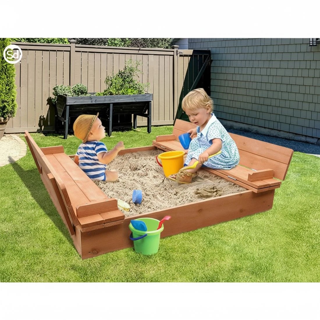 5 Keezi Kids Sandpit 90cm Durable Space Saving Modern Decor Easy Assembly Sturdy Versatile Easy Clean Outdoor Play - Brown, 5 of 6