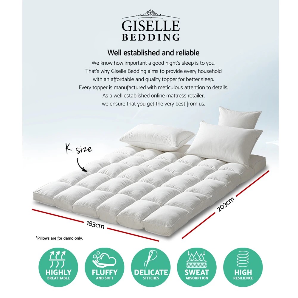 2 Giselle Bedding Pillowtop Mattress Topper 5cm Thick Pad for Back Pain Relief Washable Underlay Protector - White, 2 of 8