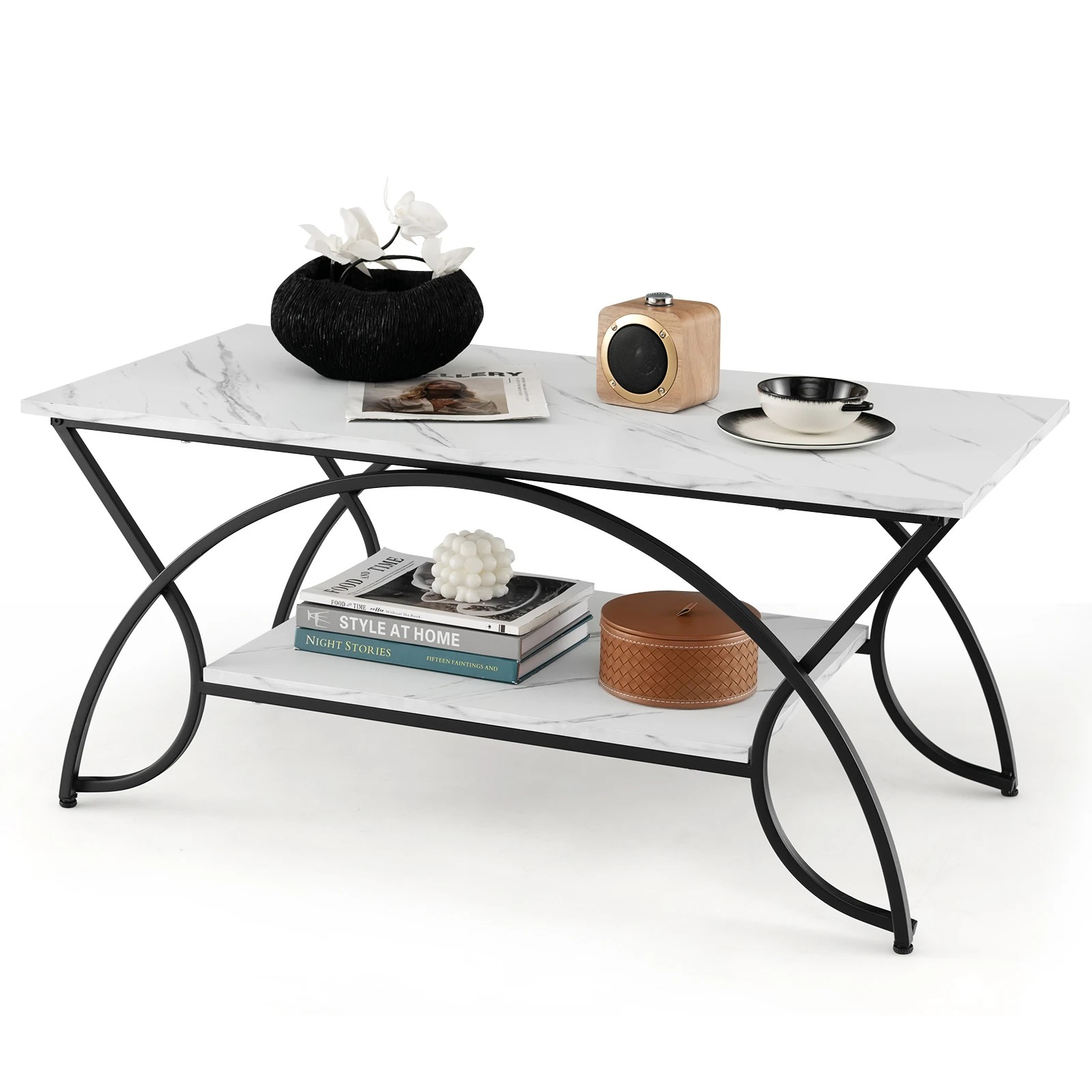 5 Costway 2-Tier Coffee Table Rectangular Cocktail Table w/Arched Metal Frame, 5 of 5