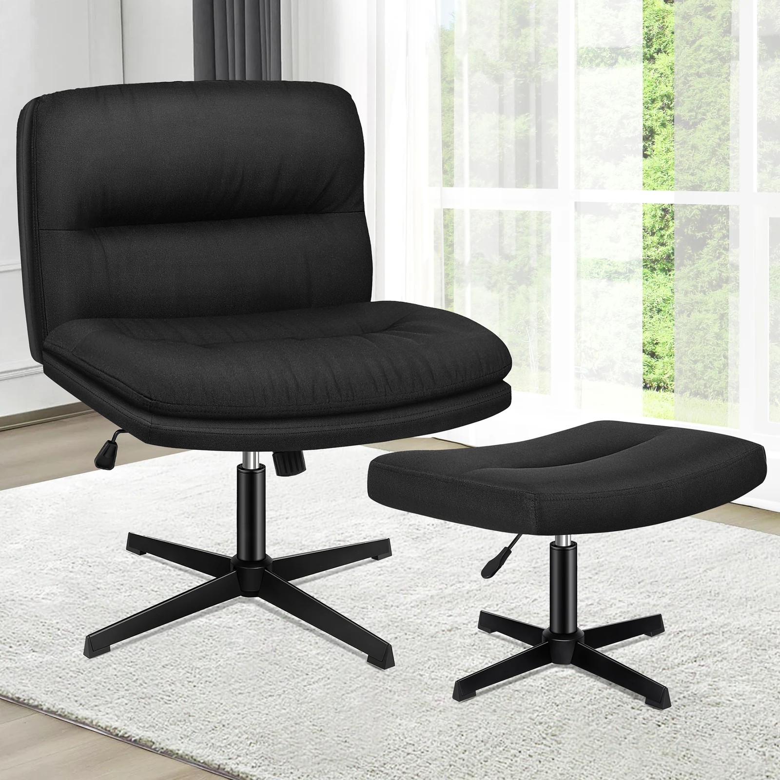 2 Alfordson Office Chair Computer Seat Cross-legged Work Ottoman Fabric - Black, 2 of 10