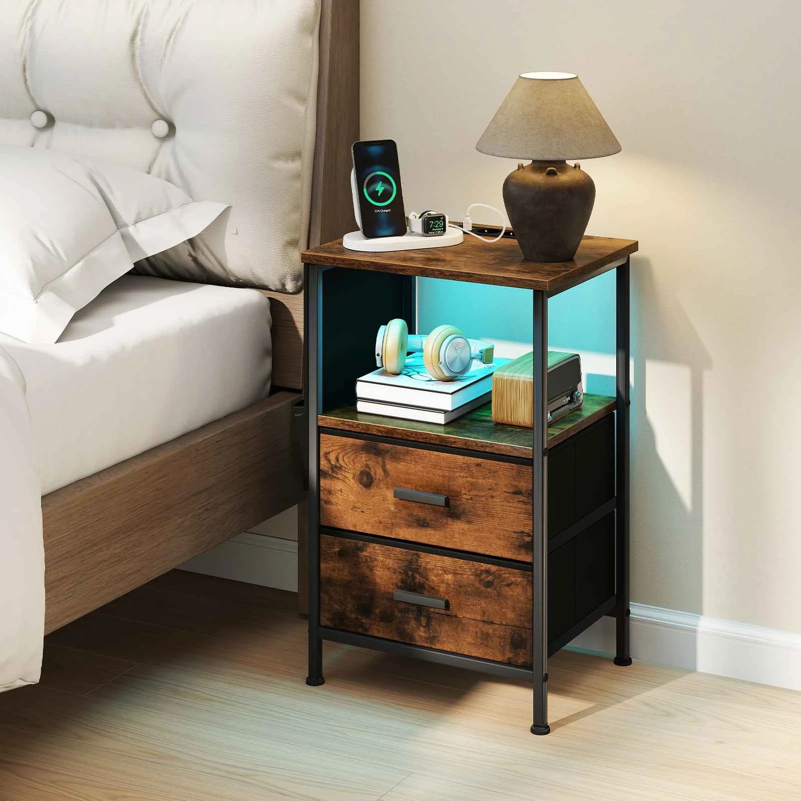 2 Costway 2x End Table LED Lighted Nightstand w/Charging Station, 2 of 5