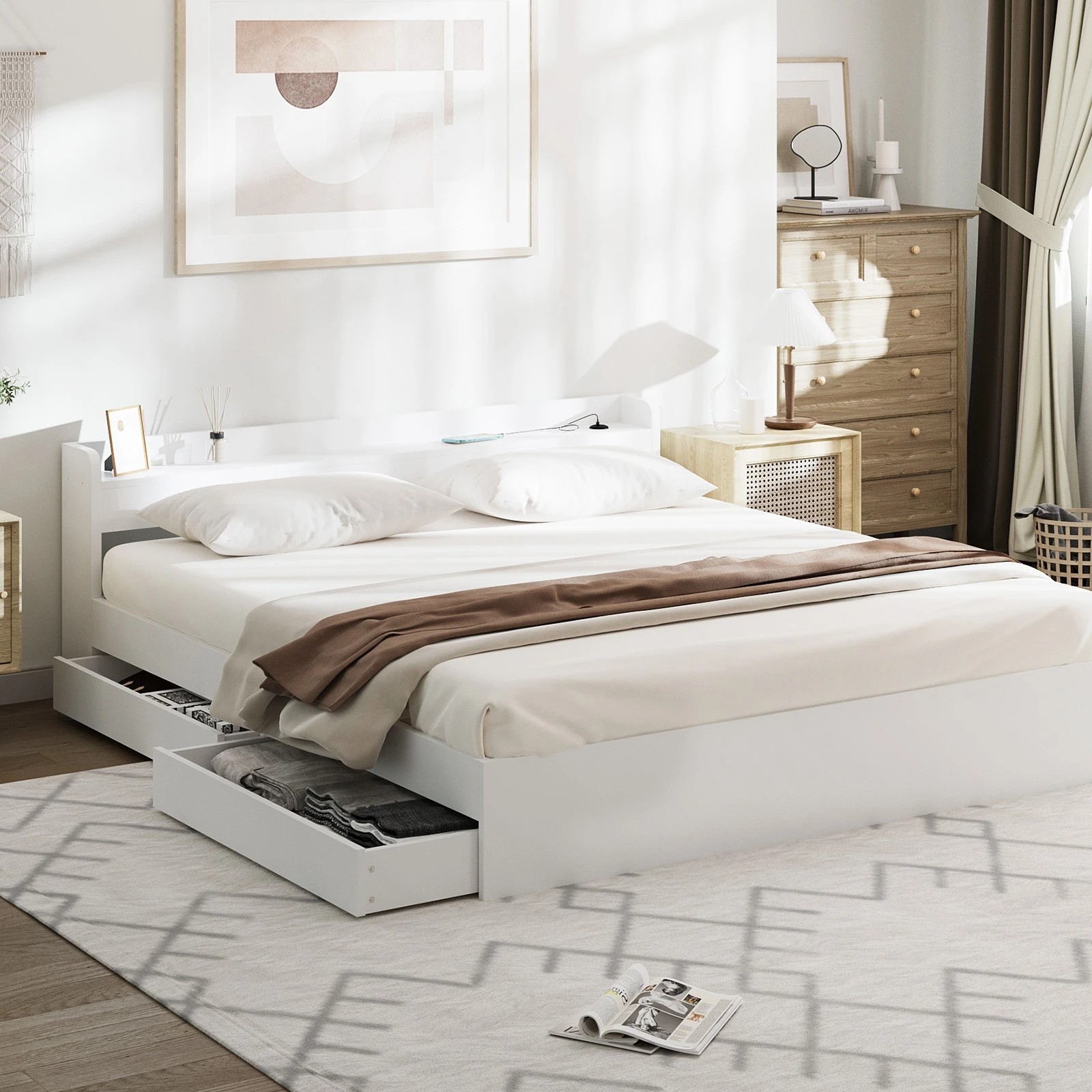 2 Oikiture King Bed With Charging Ports & 2 Drawers Timber Bed Frame
 - White, 2 of 10
