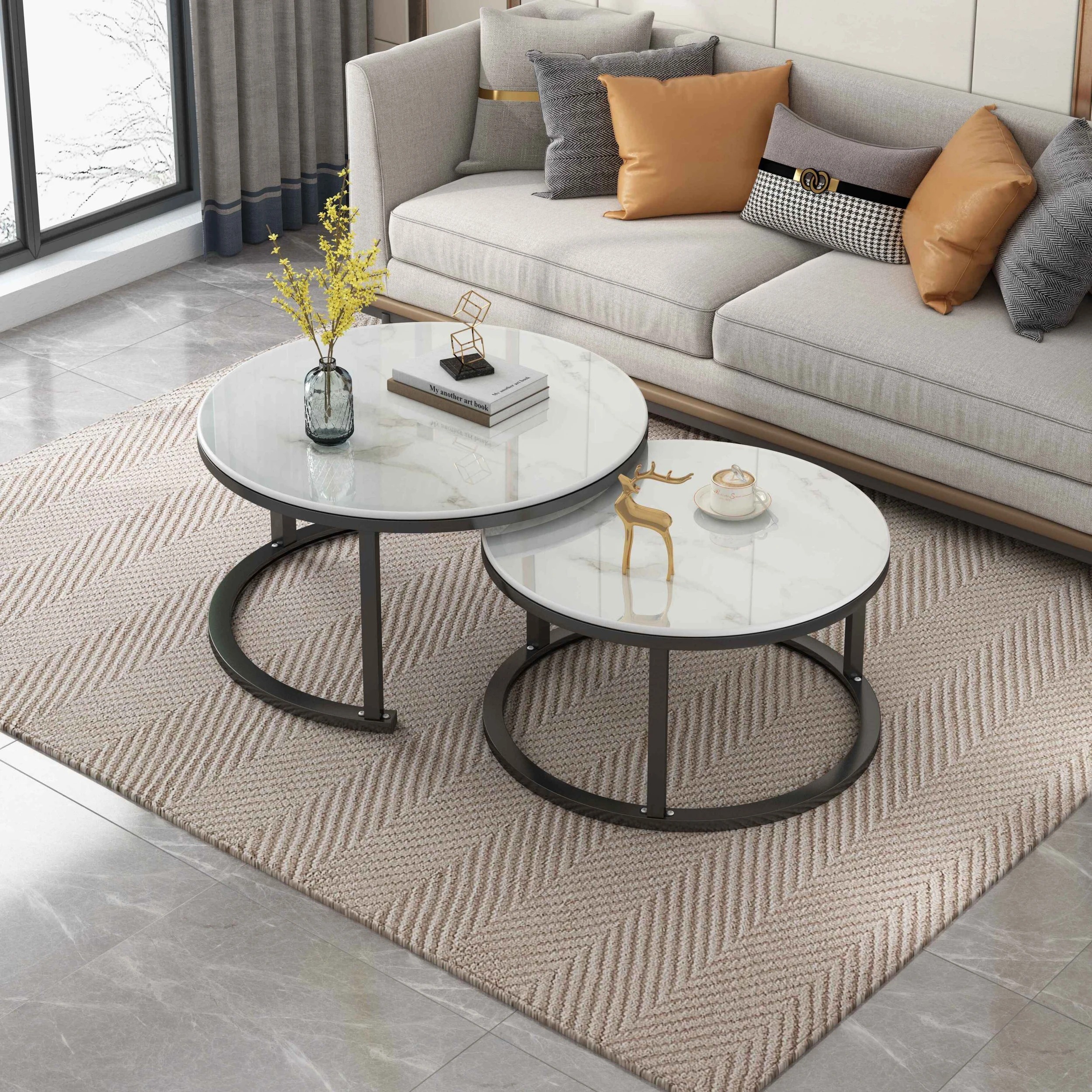 2 Foret Coffee Table 80cm Side Tables 2pc Set Tea Marble Look Tempered Glass Top, 2 of 9