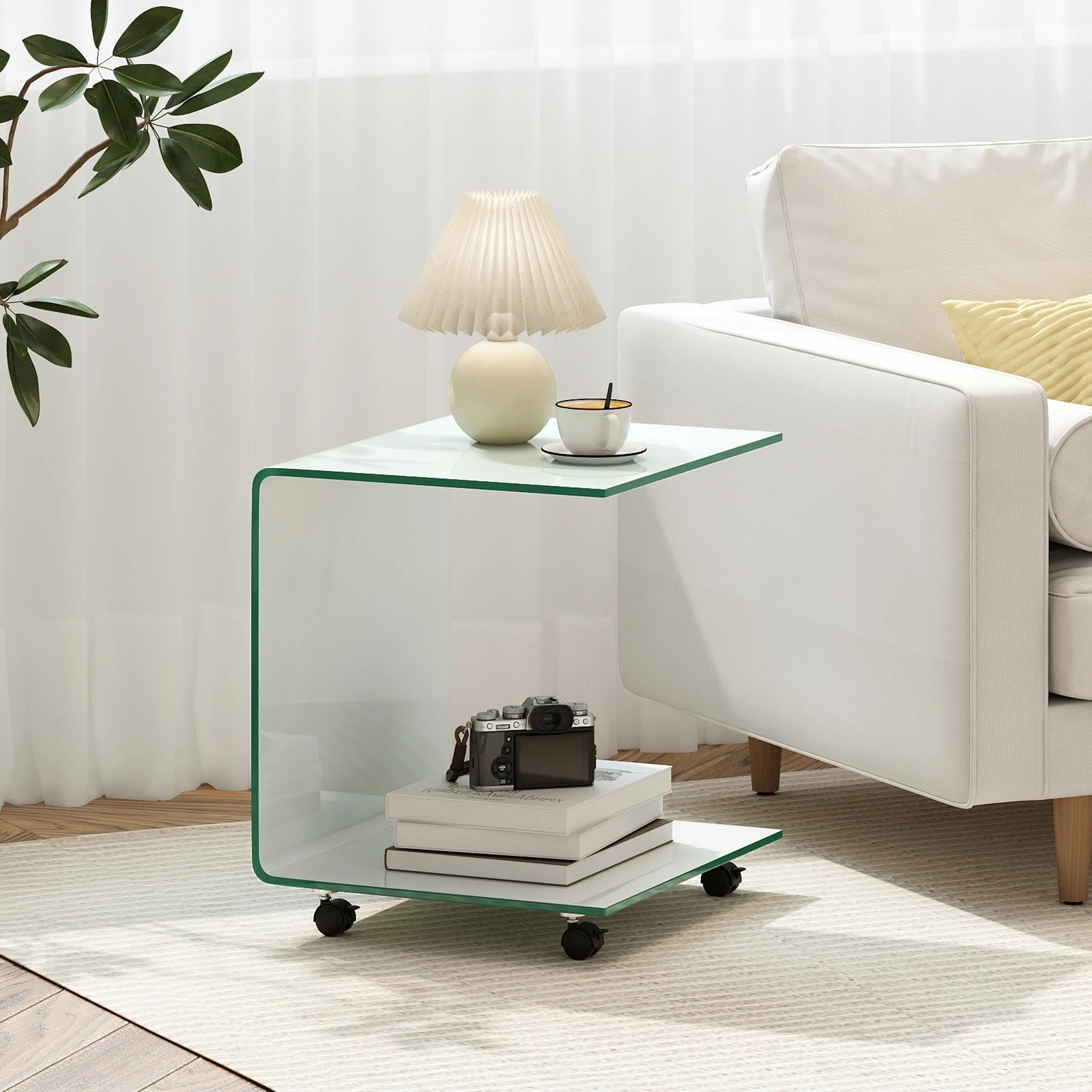 3 Costway Mobile C-Shaped End Table Tempered Glass 2 Tier Shelf Sofa Bedside Table, 3 of 5