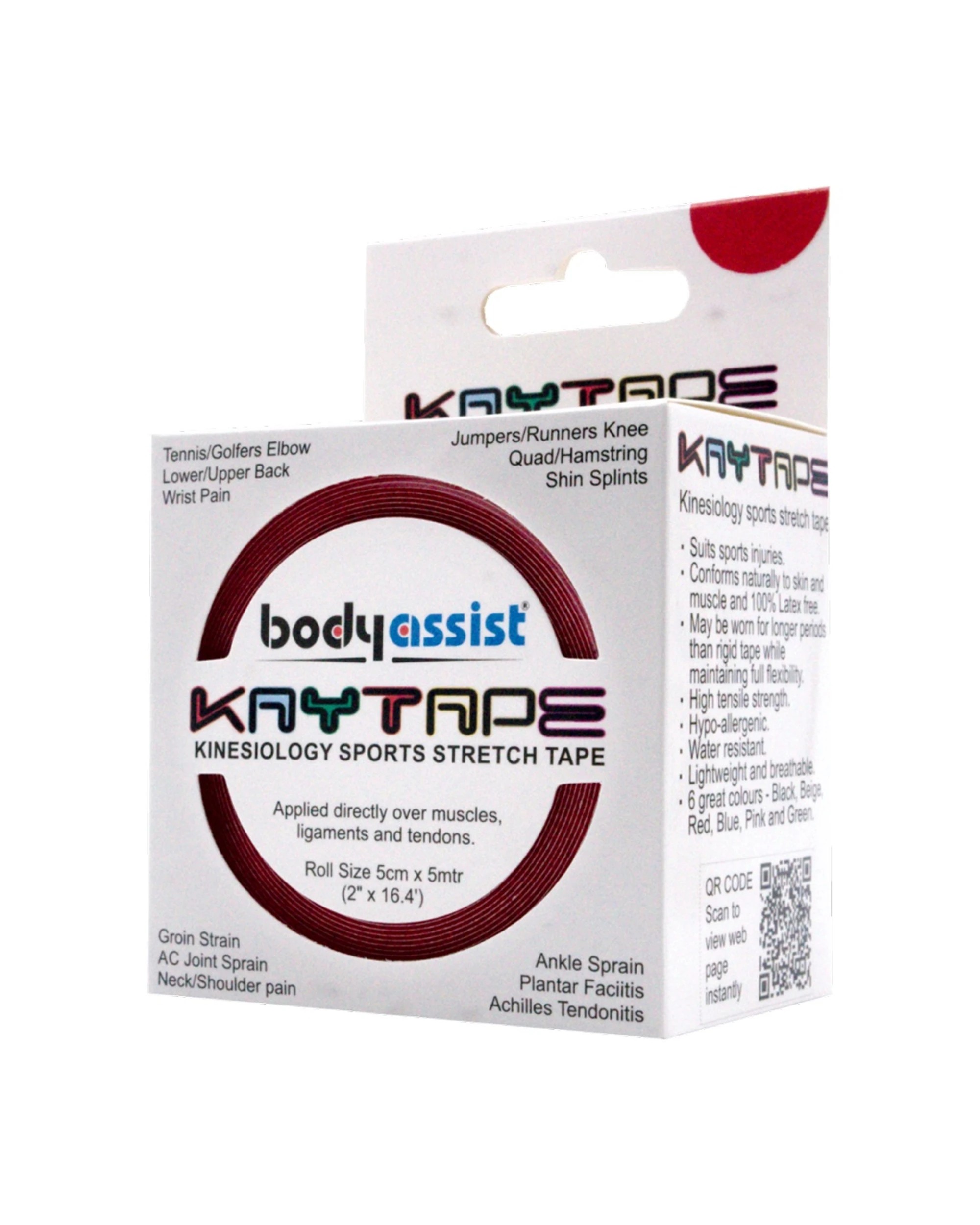 3 Bodyassist 2pc Kaytape Sports-Stretch Tape 5cm x 5m Rolls Flexible Support - Red - Red, 3 of 3