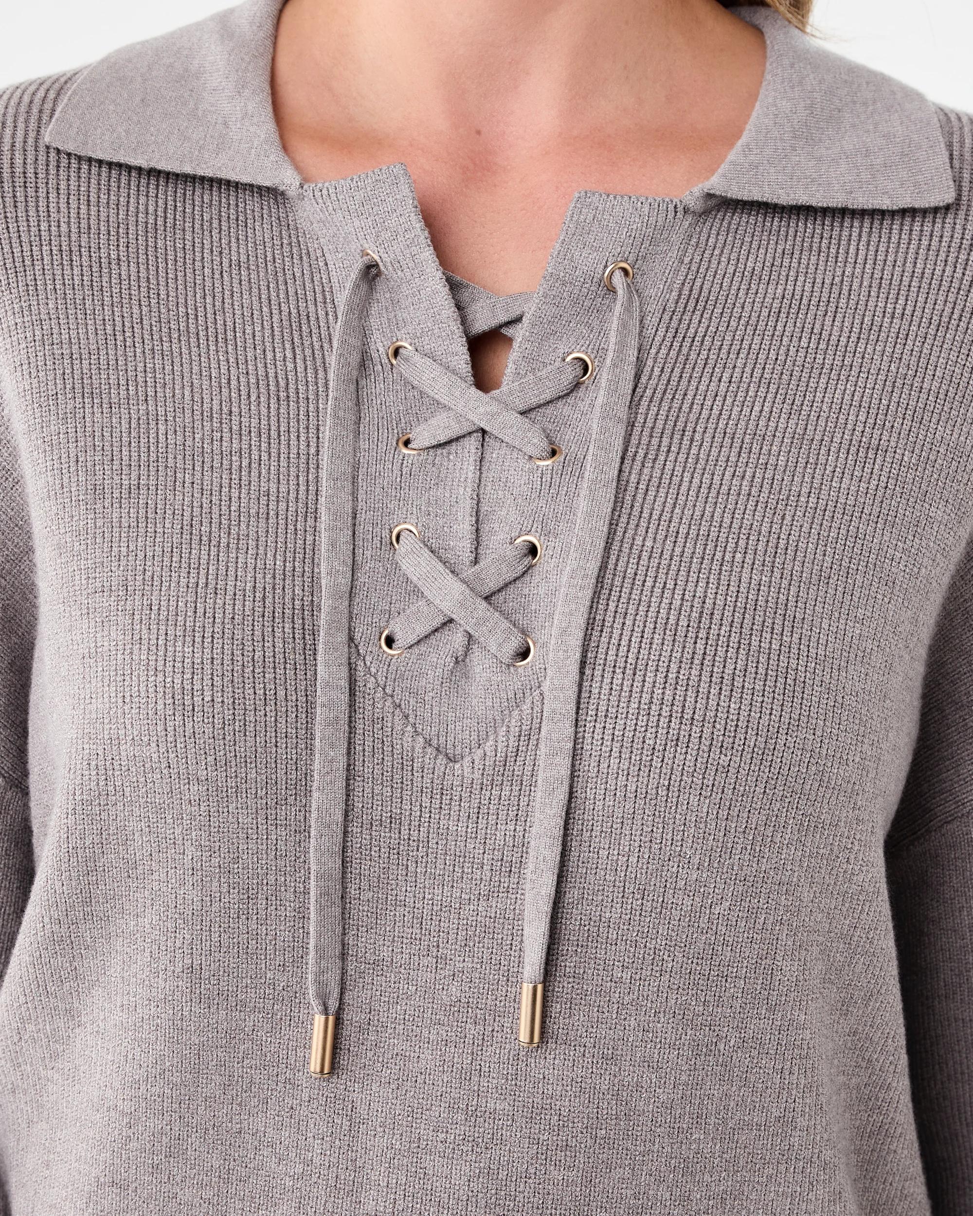 5 Lace Up Rib Jumper Grey Taupe, 5 of 6