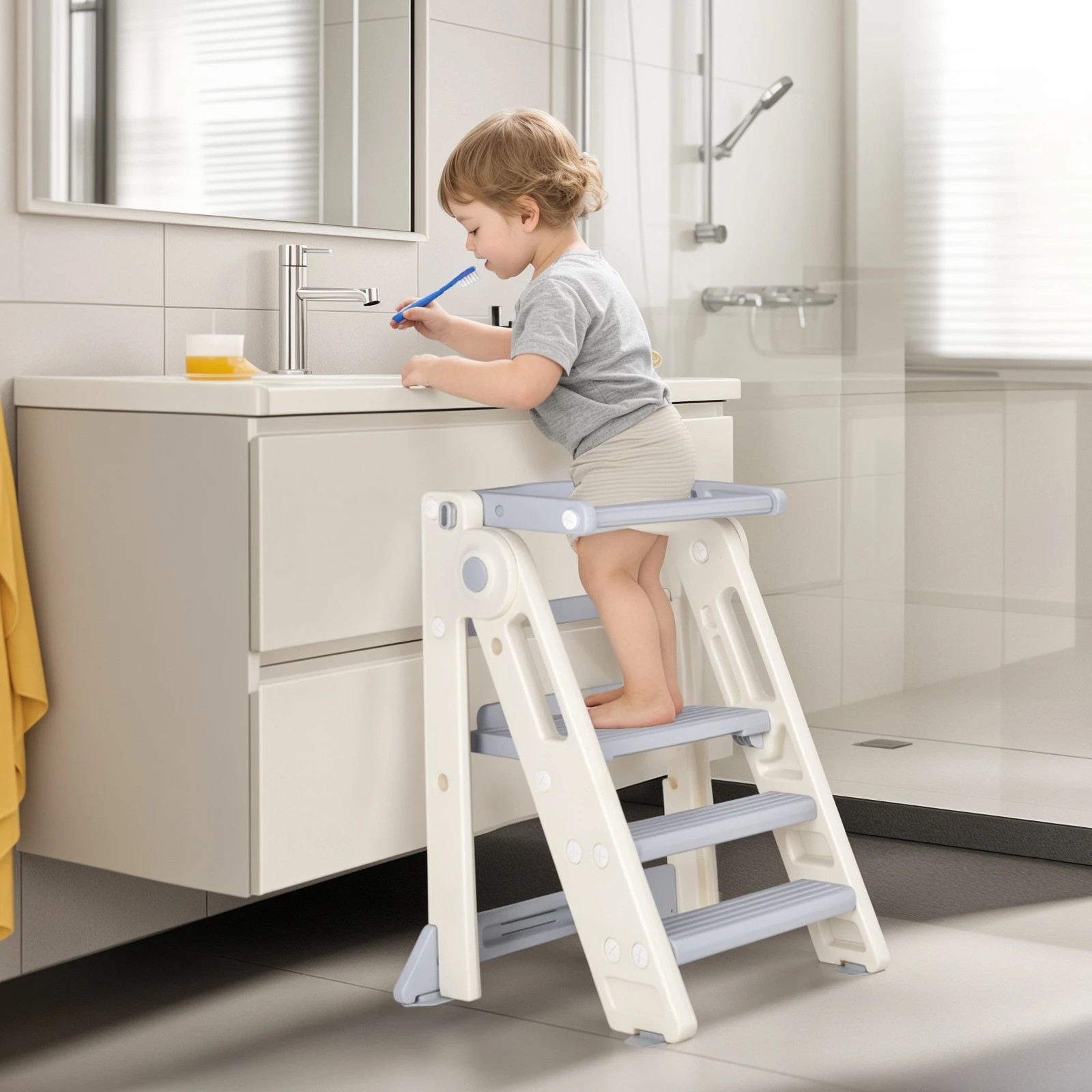 2 Advwin Foldable Kids Step Stool Sink Standing Tower with Safety Rail 2-3 Steps Adjustable Height Kitchen Helper, 2 of 8
