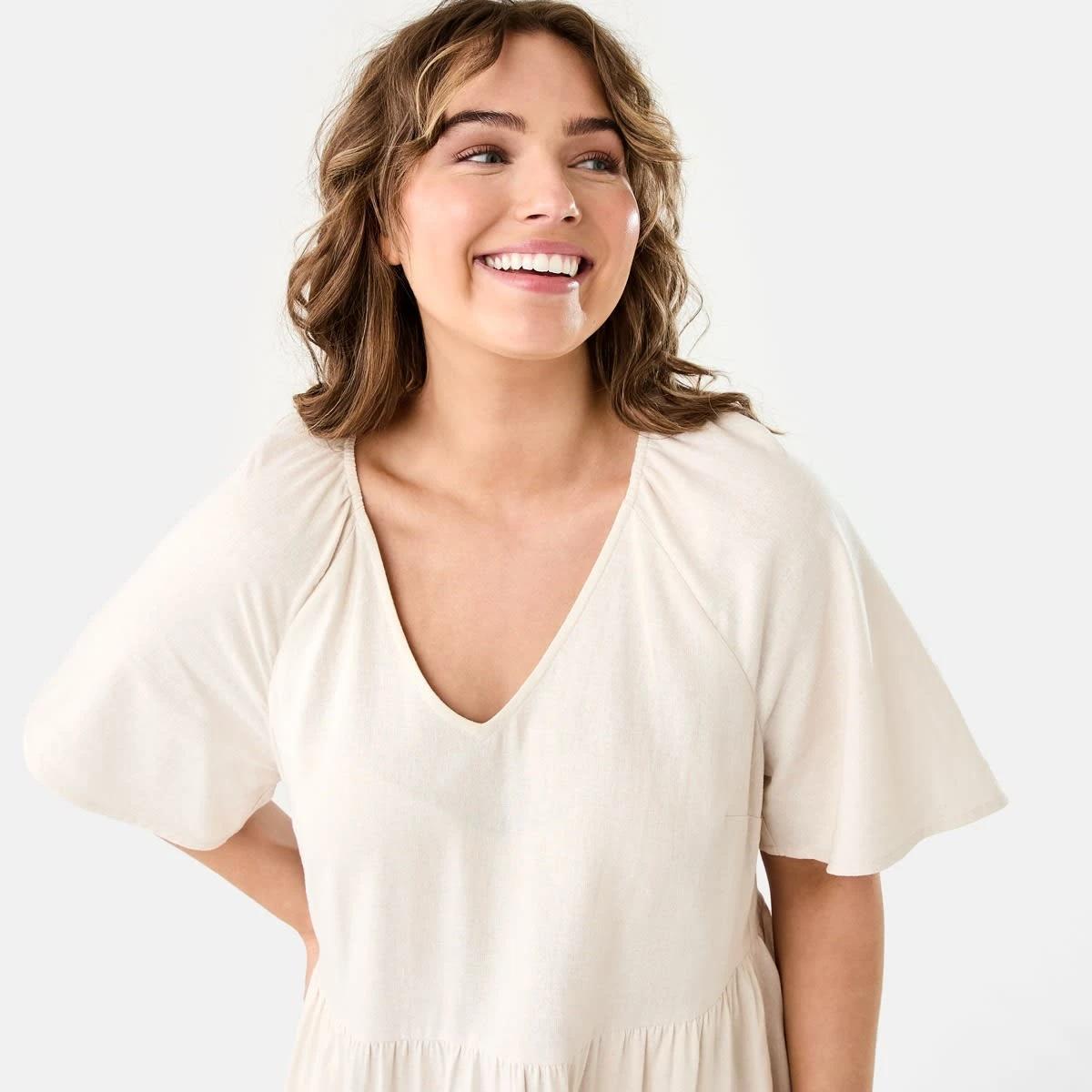 5 Short Sleeve Linen Blend Tiered Mini Dress NATURAL BEIGE, 5 of 10