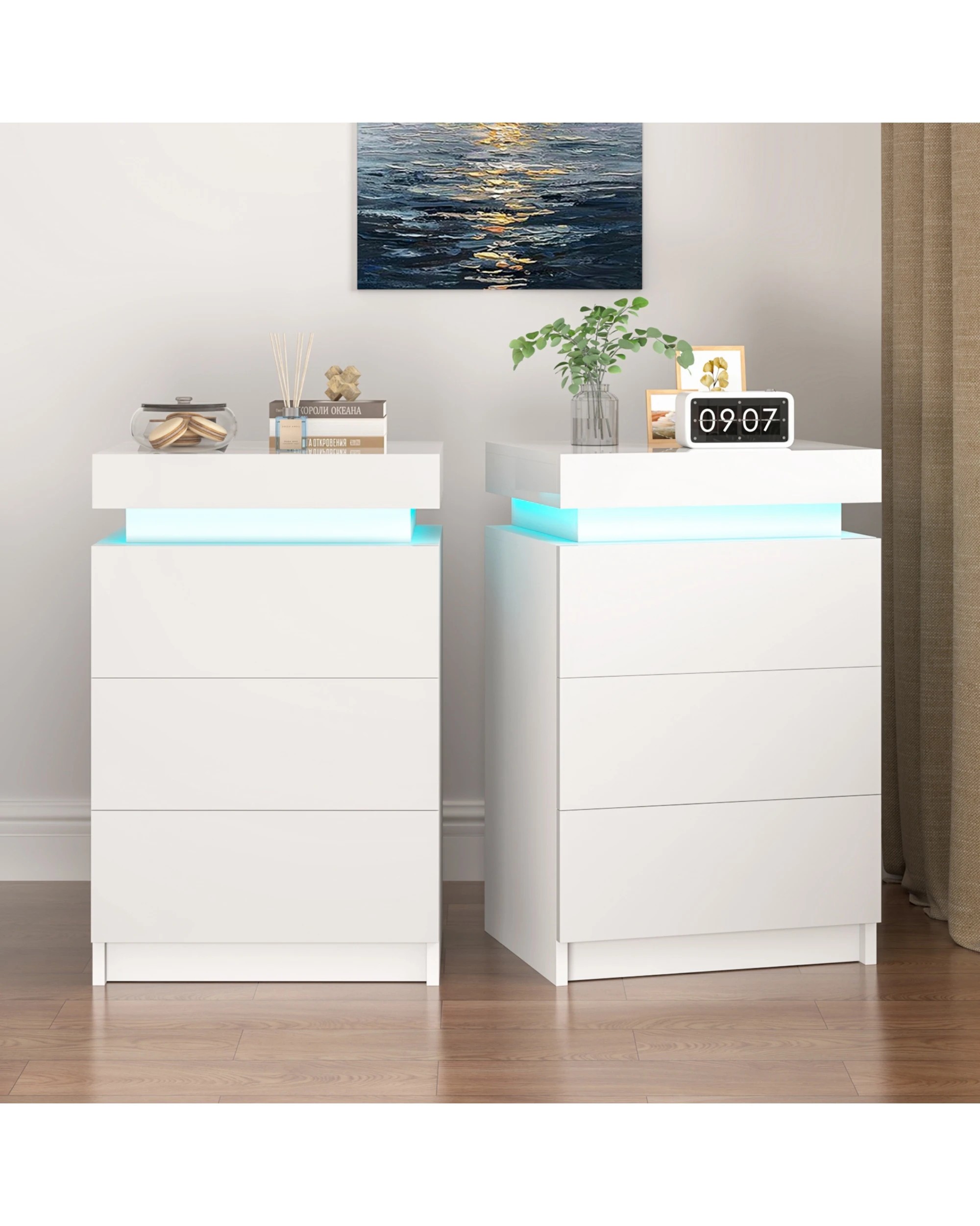 2 Advwin Set of 2 Bedside Table 3 Drawers with Lift Up Storage Led RGB Light - White, 2 of 9