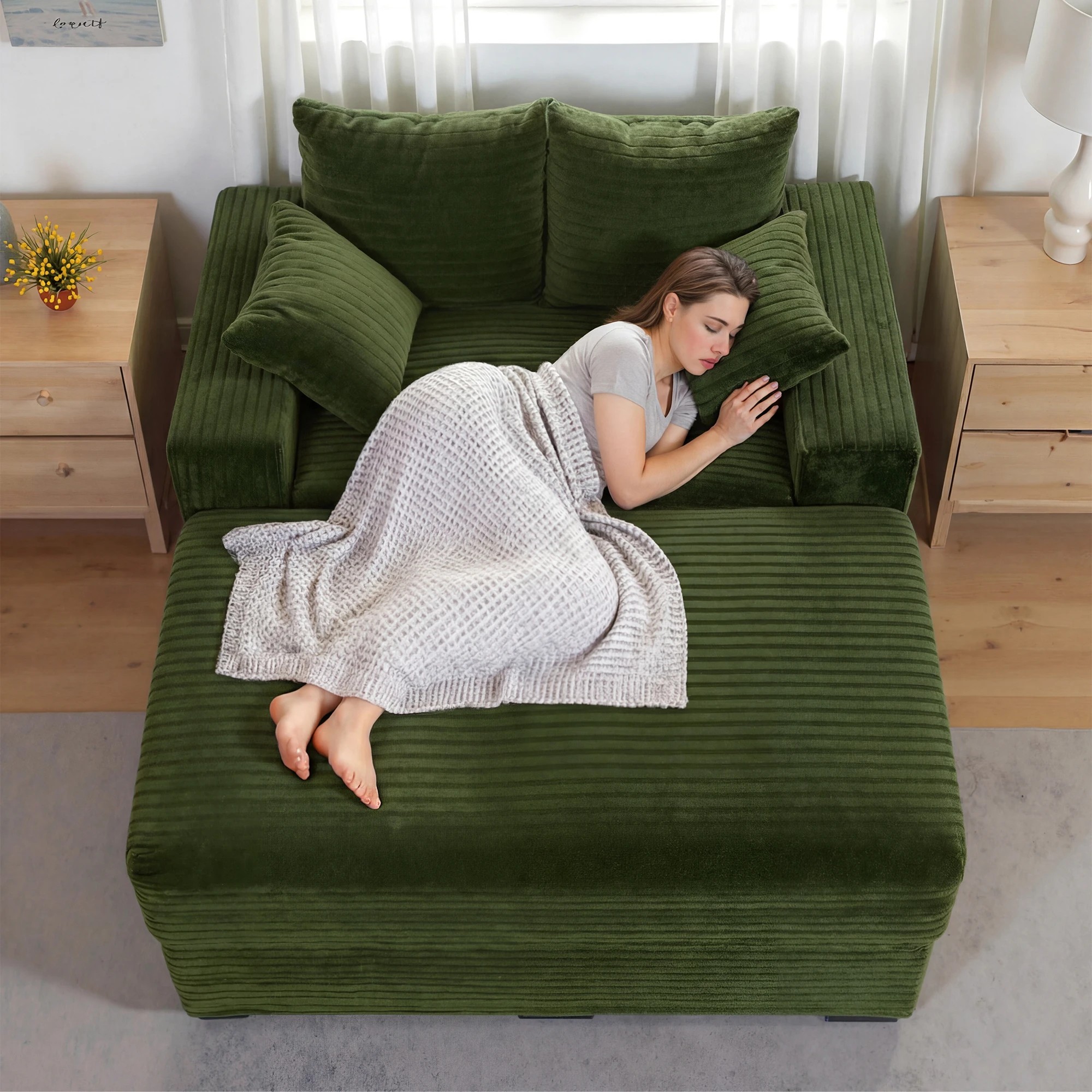 3 Advwin 146cm Chaise Lounge Chair with Storage Ottoman Fluffy Upholstered Sofa Bed - Green, 3 of 10