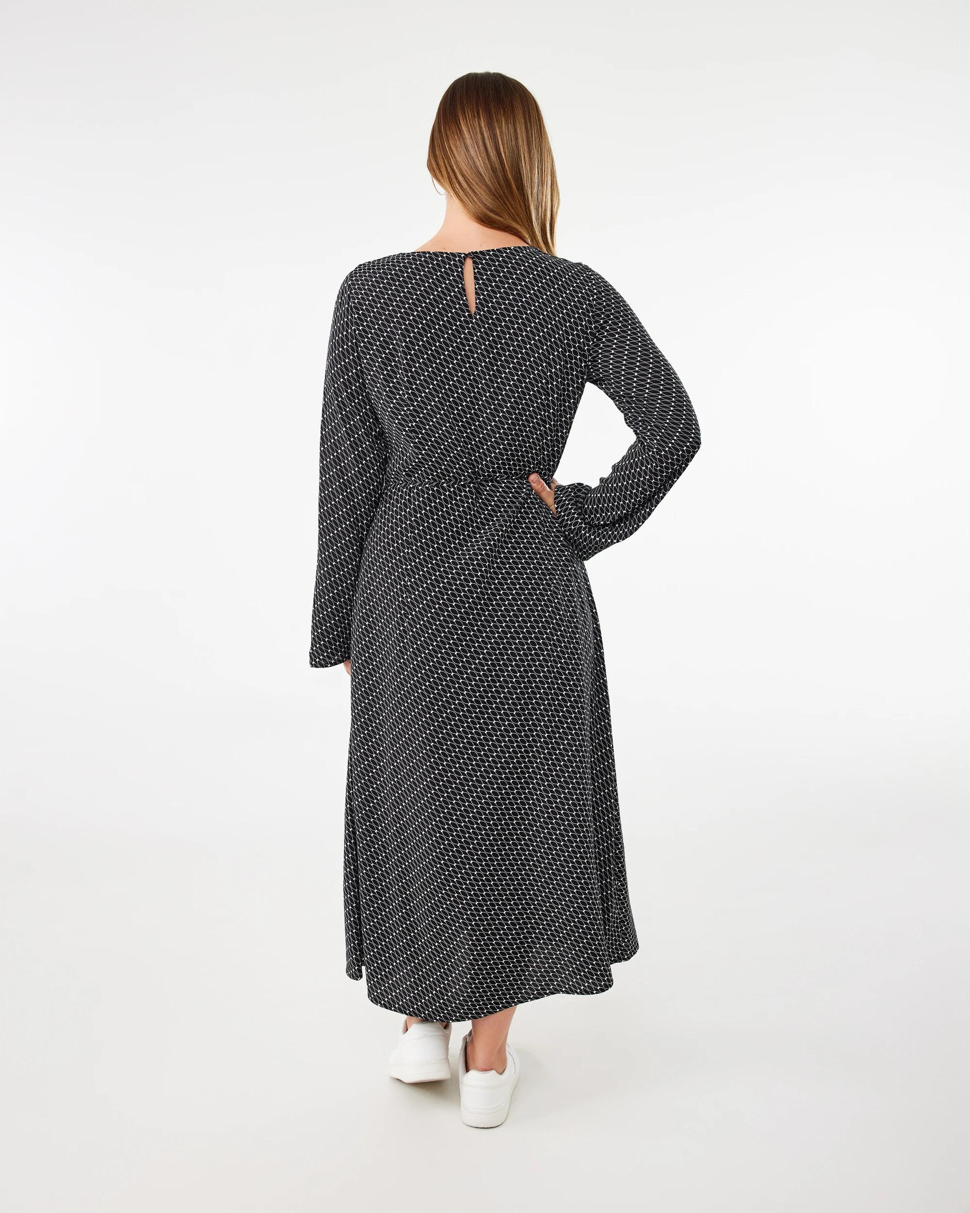 3 Long Sleeve Crepe Tie Waist Midi Dress Black Geo, 3 of 6