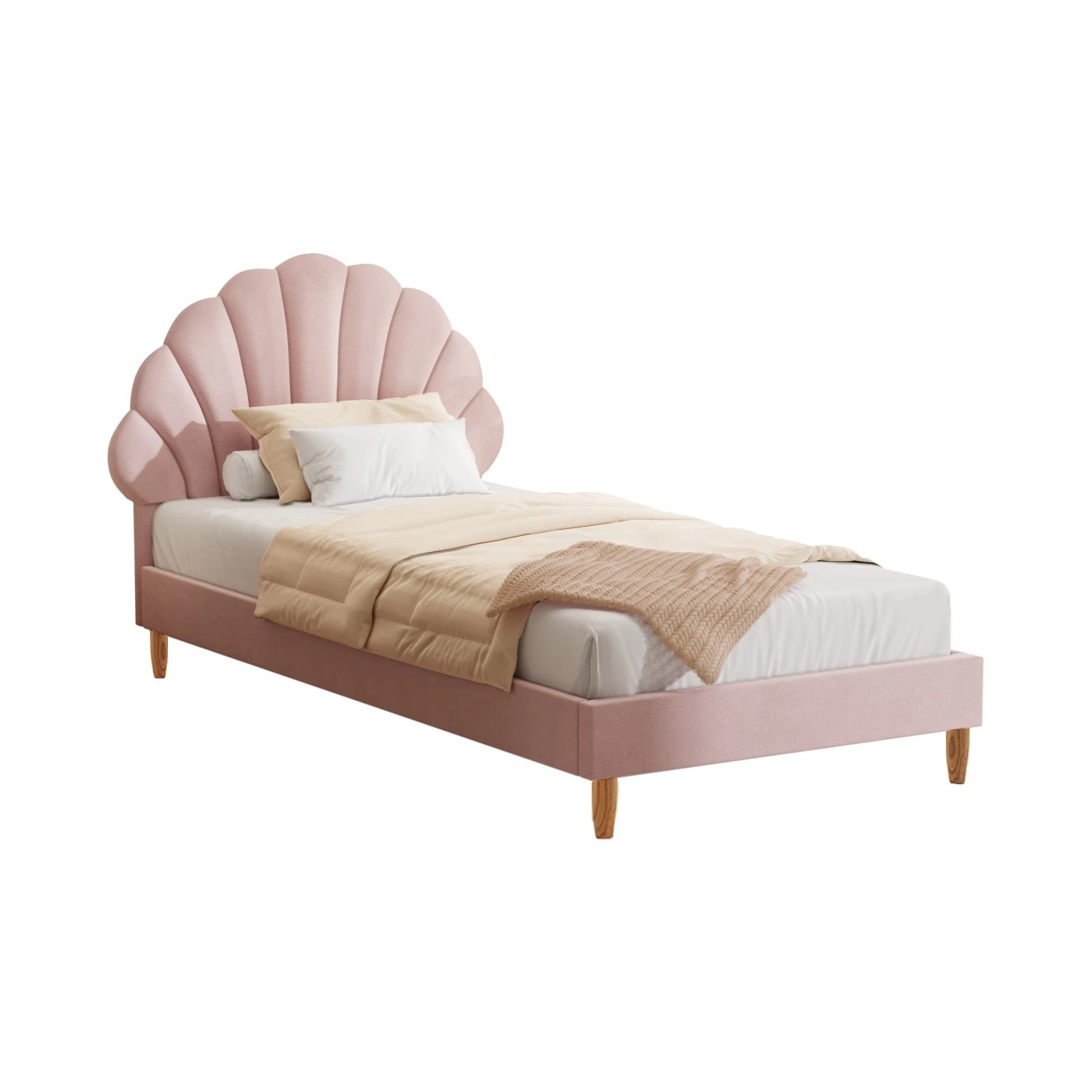 1 Oikiture Single Bed Frame Scallop-shape Bedhead Velvet
 - Pink, 1 of 10