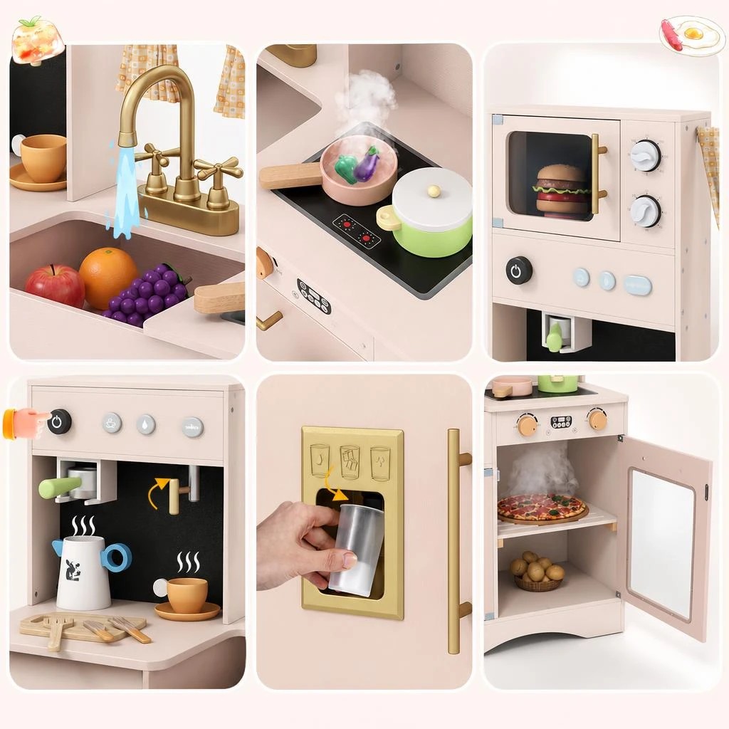 6 Costway Wooden Kitchen Playset Pretend Play Toy Kitchen w/Microwave Coffee Maker - Pink, 6 of 8