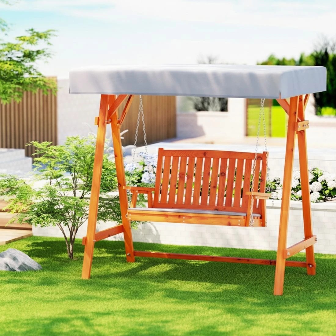 3 Gardeon Outdoor Wooden Swing Chair Garden Bench Canopy Cushion 2 Seater Teak - Multi, 3 of 8