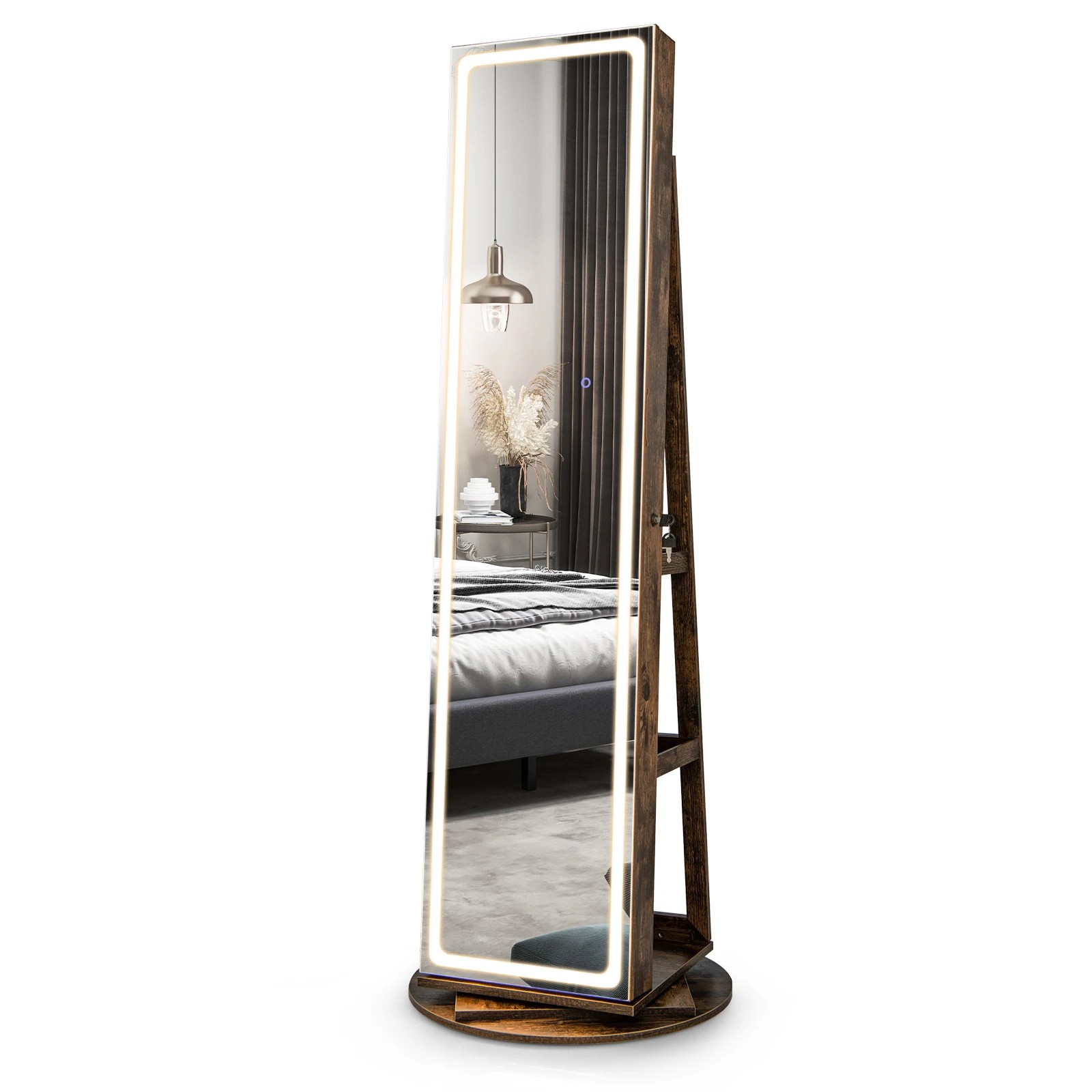 1 Costway 360° Swivel Jewellery Cabinet LED Mirror Jewelry Cupboard w/Storage Shelves - Brown, 1 of 4