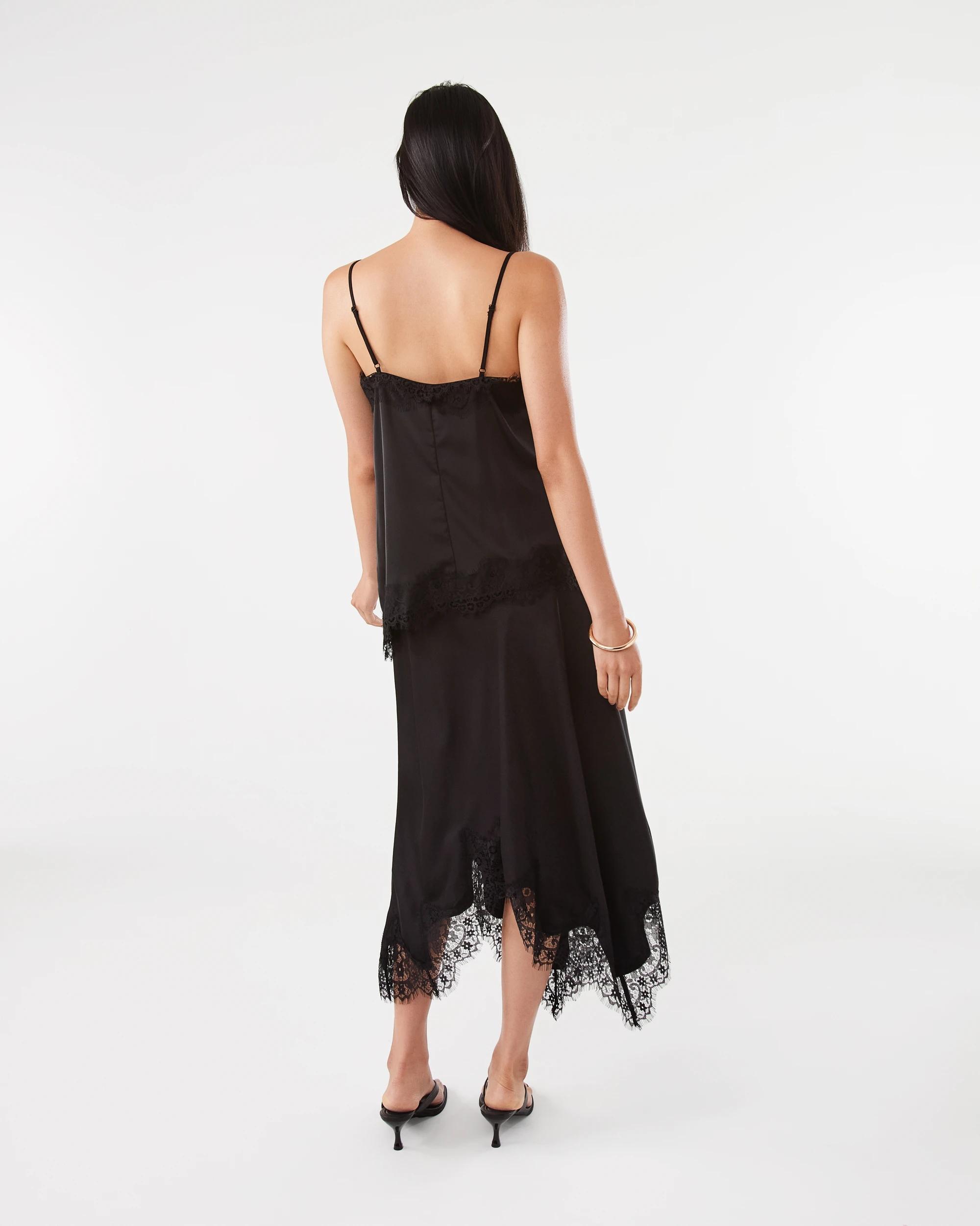 5 Satin Asymmetrical Lace Trim Skirt Black, 5 of 7