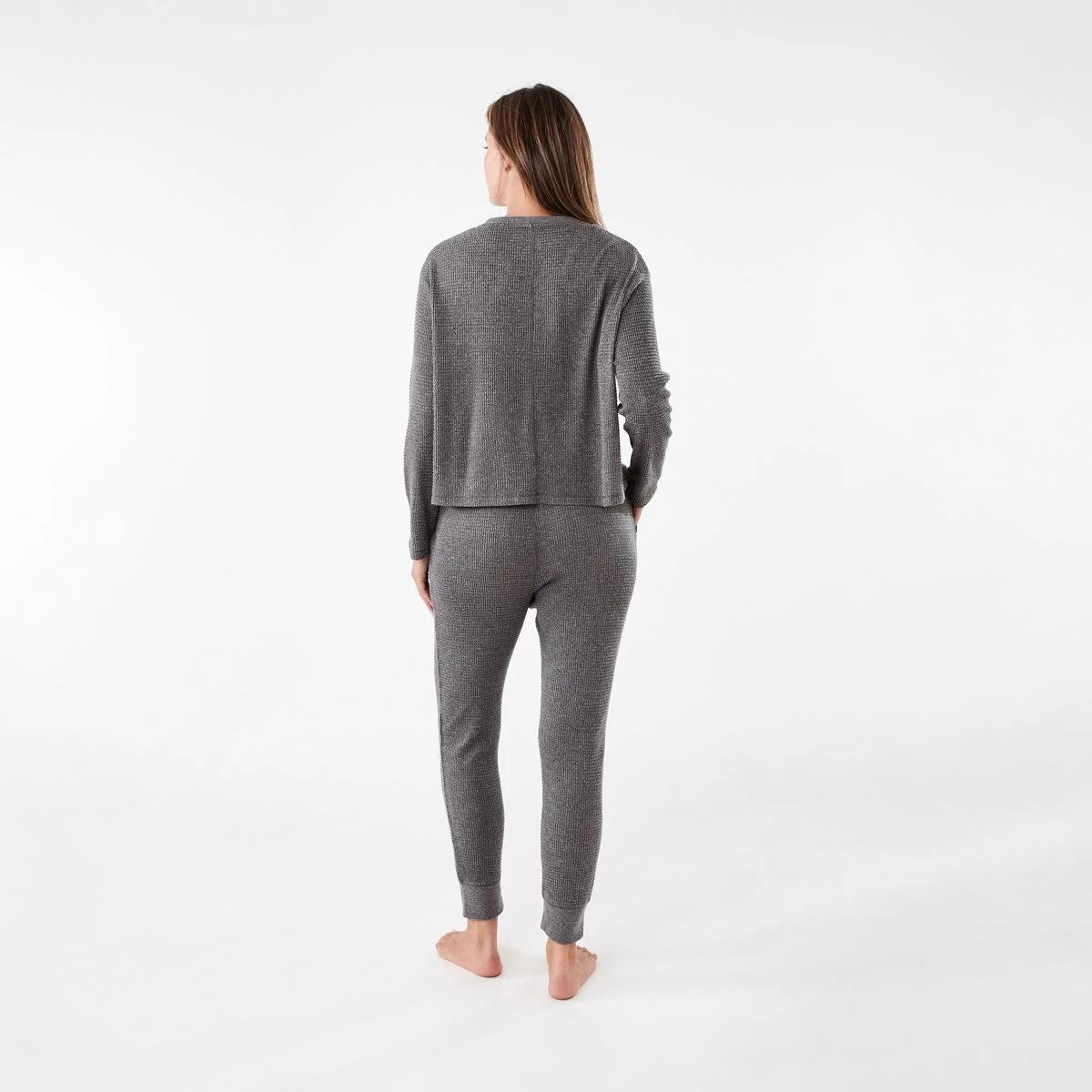 3 Waffle Long Sleeve Top and Pants Lounge Pyjama Set Slate Mrle, 3 of 8