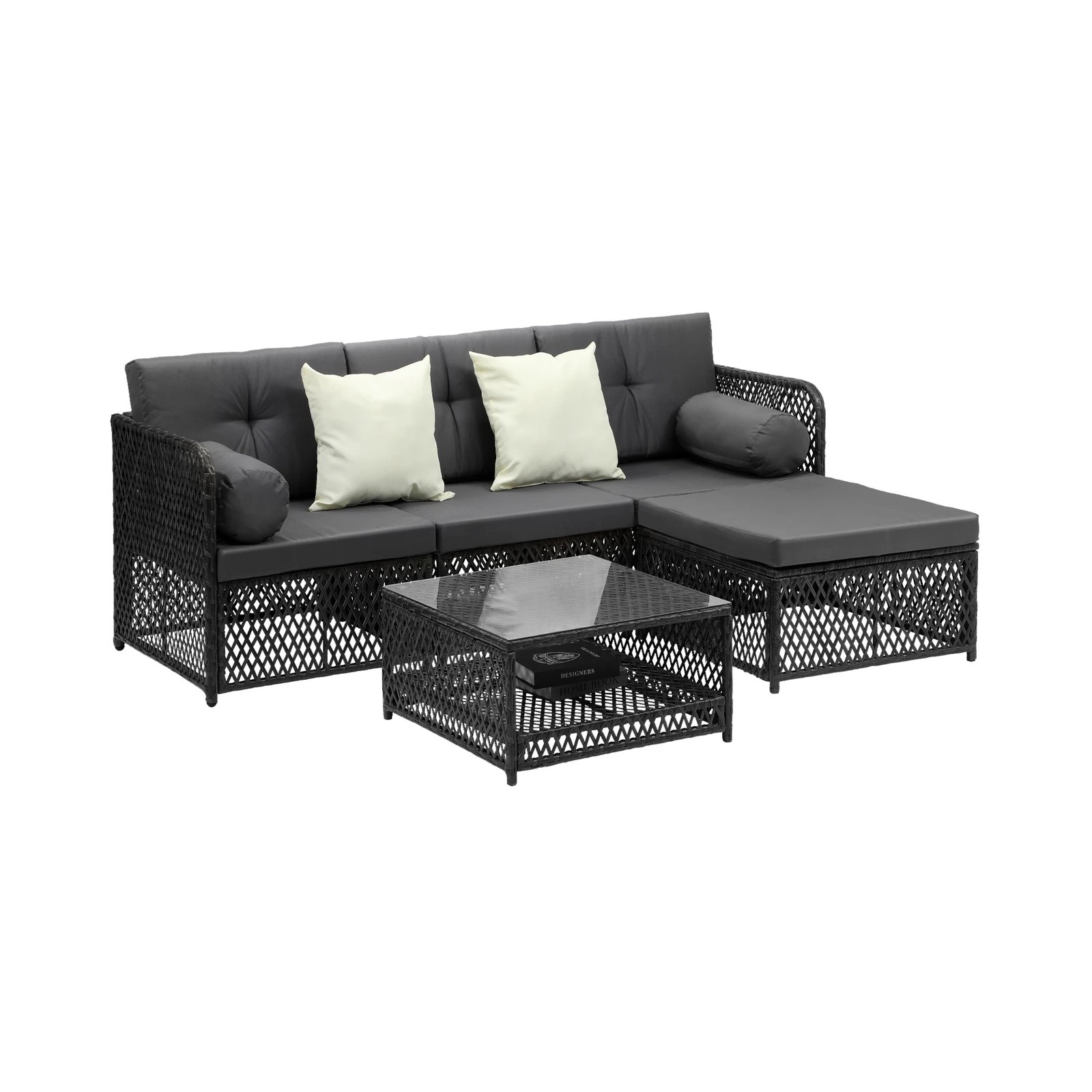 1 Livsip Outdoor Sofa Set 4 Seater Wicker Lounge Setting - Black, 1 of 8