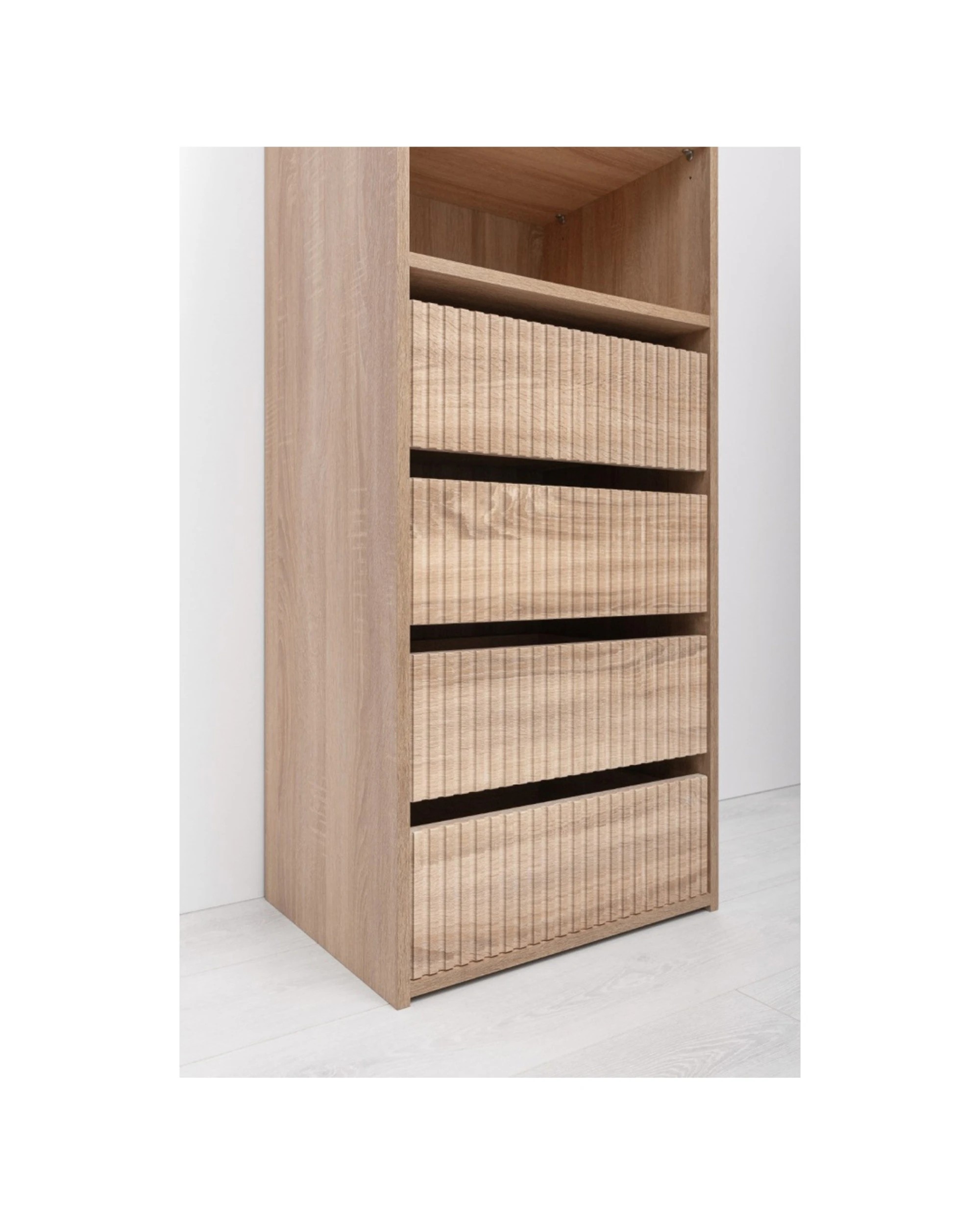 2 European Cabinetry Geneva Built In Wardrobe 4 Drawer 3 Shelf Module Fluted Oak - Natural, 2 of 6