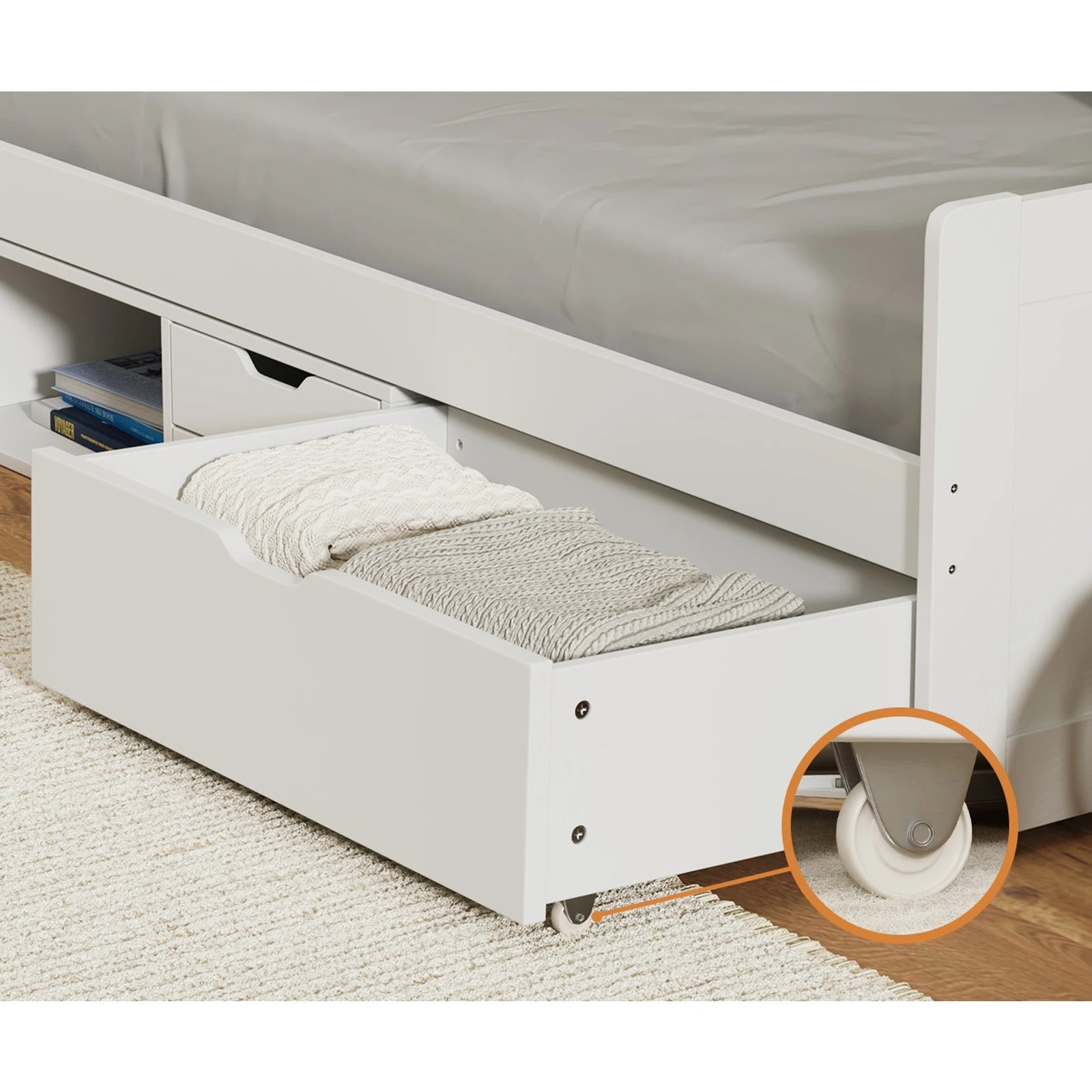 8 Oikiture Kids Bed Frame Single Daybed With Trundle Storage Drawers Timber
 - White, 8 of 10