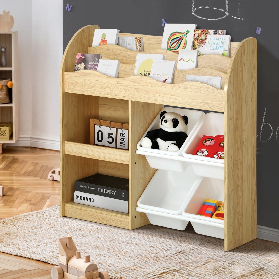 10 Oikiture Kids Bookshelf 4 Bins Toy Box Storage Organiser Display Shelf
 - Natural, 10 of 10