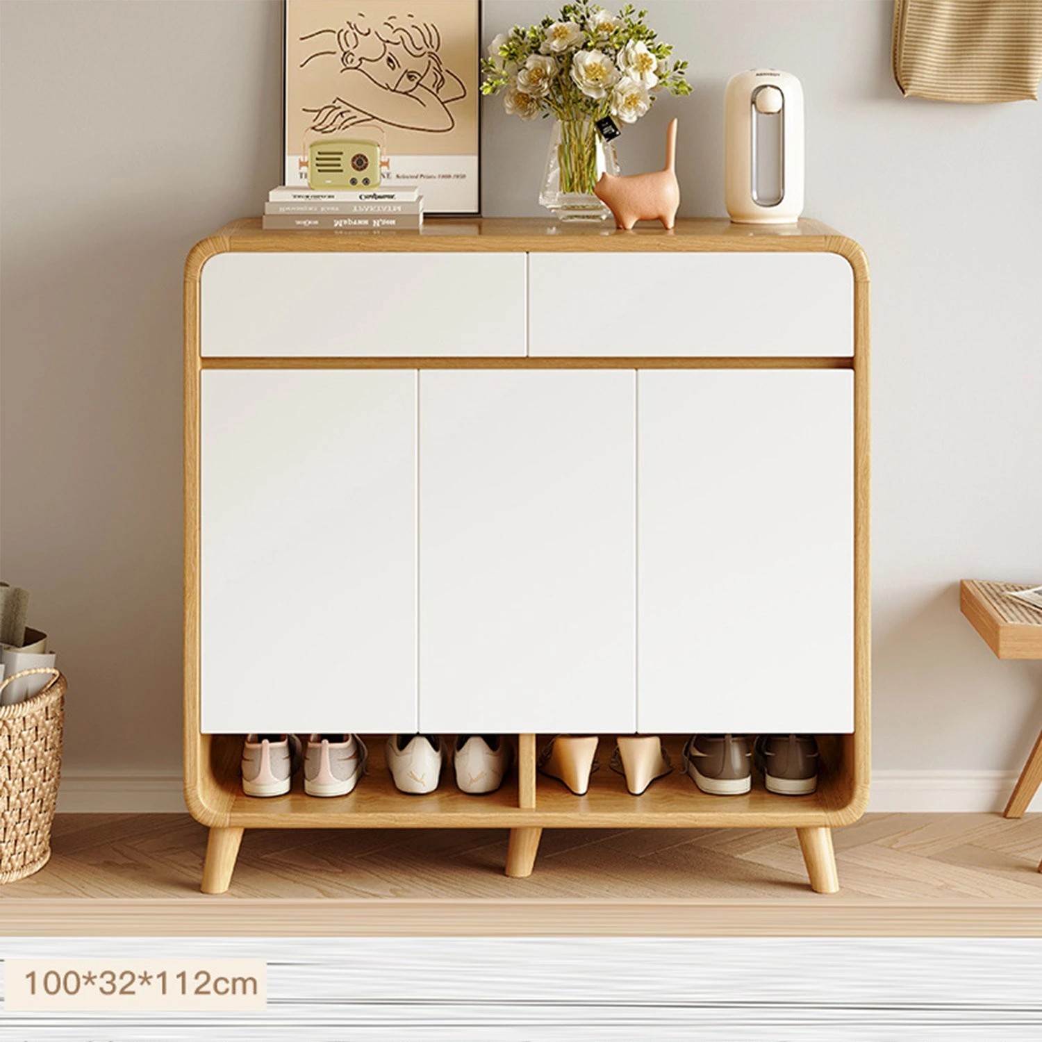 3 Foret Shoe Cabinet Shelf Modern Large Storage Cupboard 2 Drawers 100cm White, 3 of 10