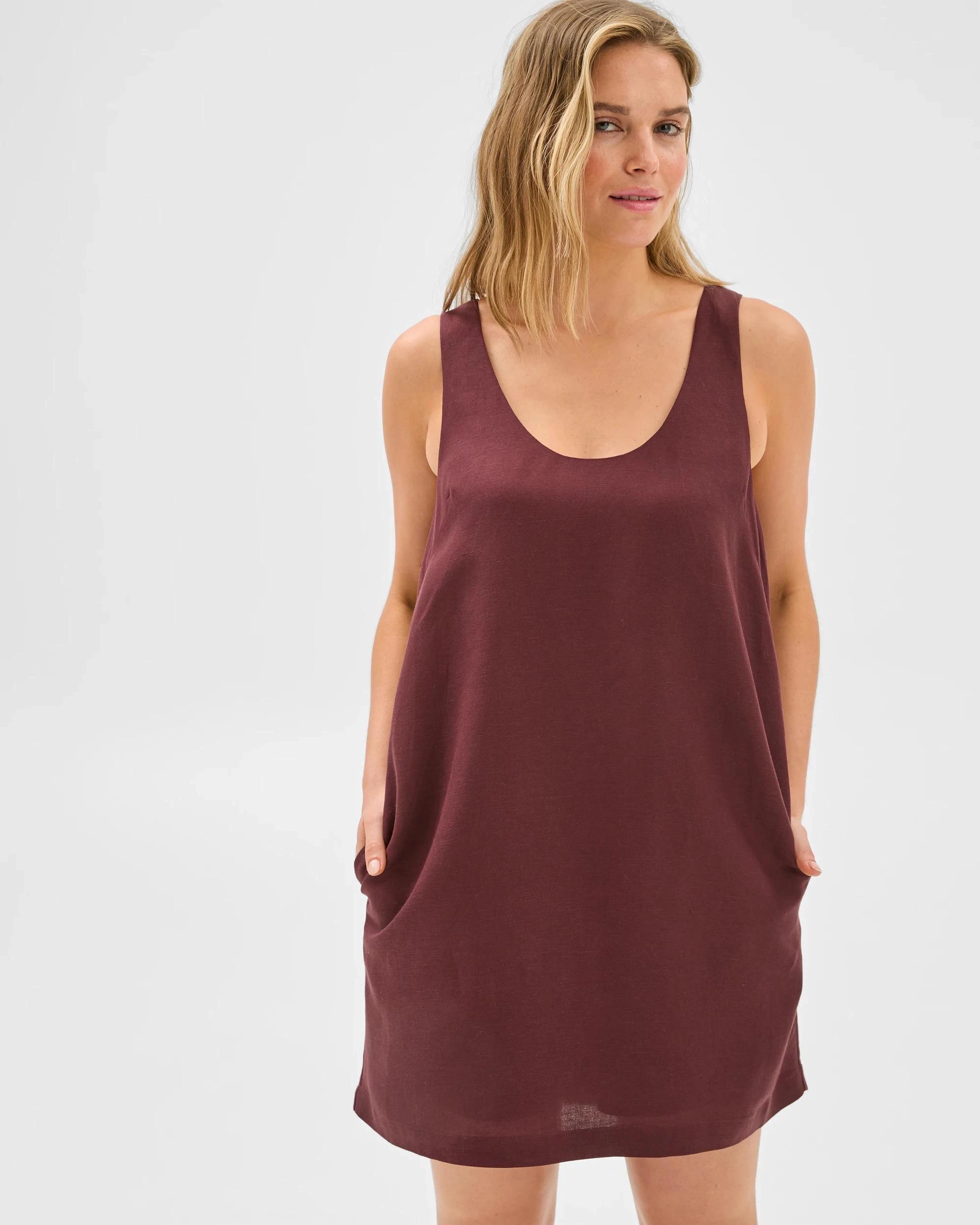 4 Lily Loves European Linen Blend U-Neck Mini Dress BURGUNDY ROUGE, 4 of 7