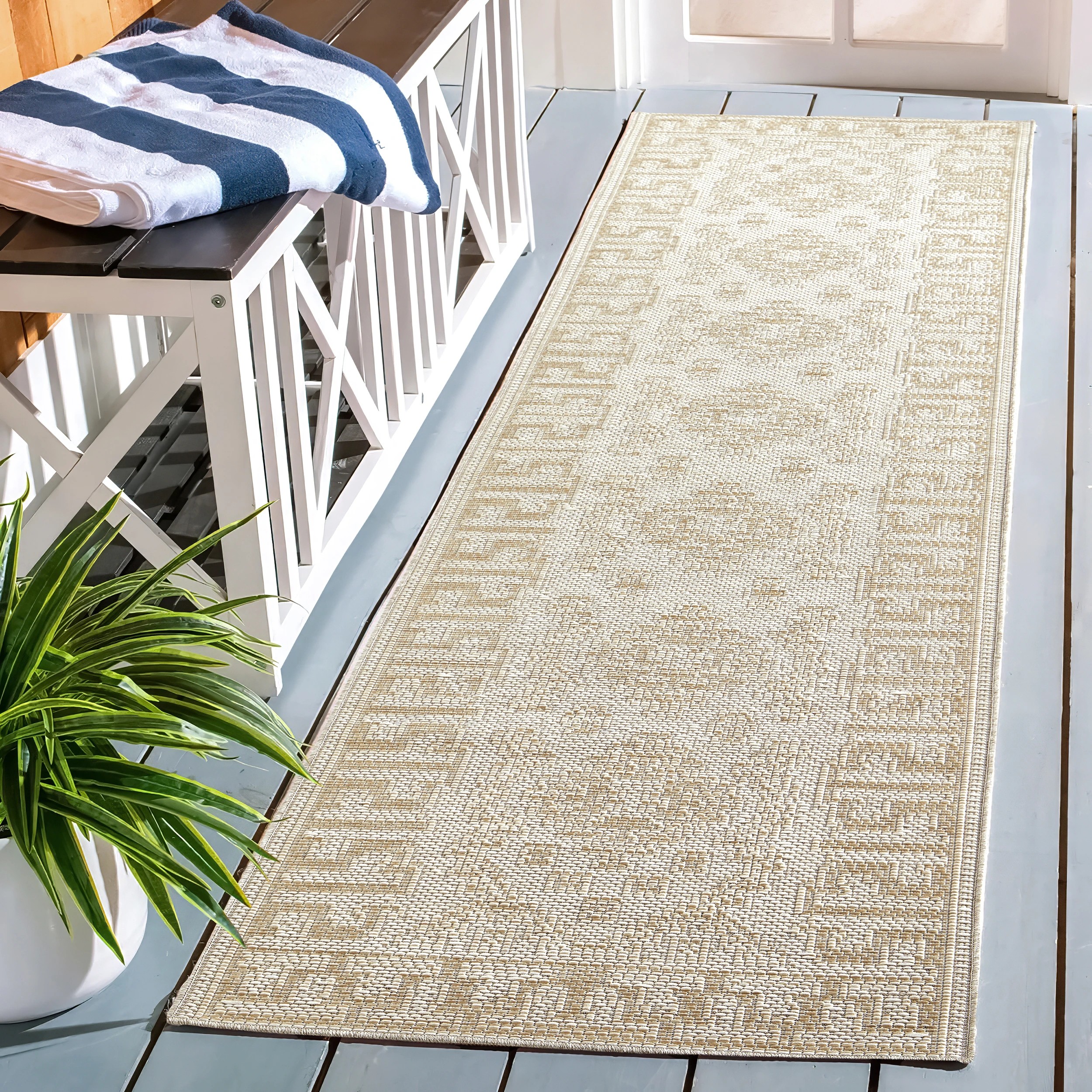 1 Common Ground Rugs Palmline Kuza 400x80cm - Large Outdoor Rug - Beige, 1 of 8