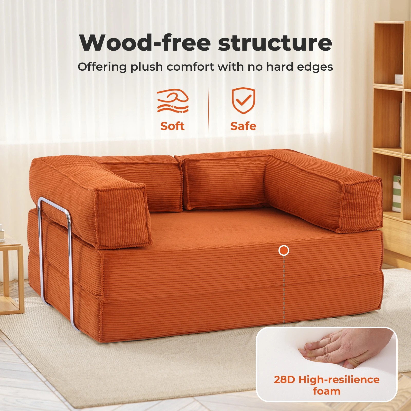 5 Levede 3 Seater150Cm Double Corduroy Sofa Bed In - Orange, 5 of 8