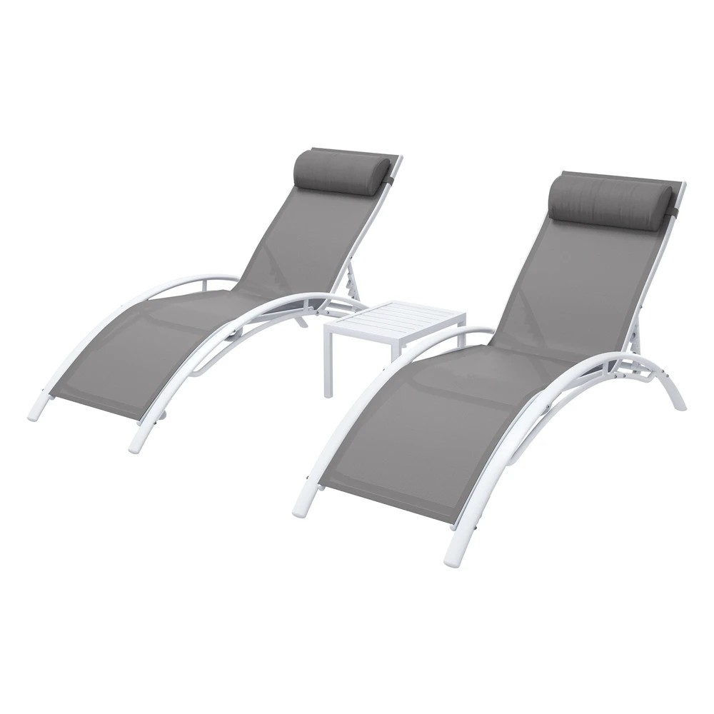1 Gardeon 3PC Sun Lounge Outdoor Lounger Table Chairs Steel Patio Furniture - White, 1 of 5