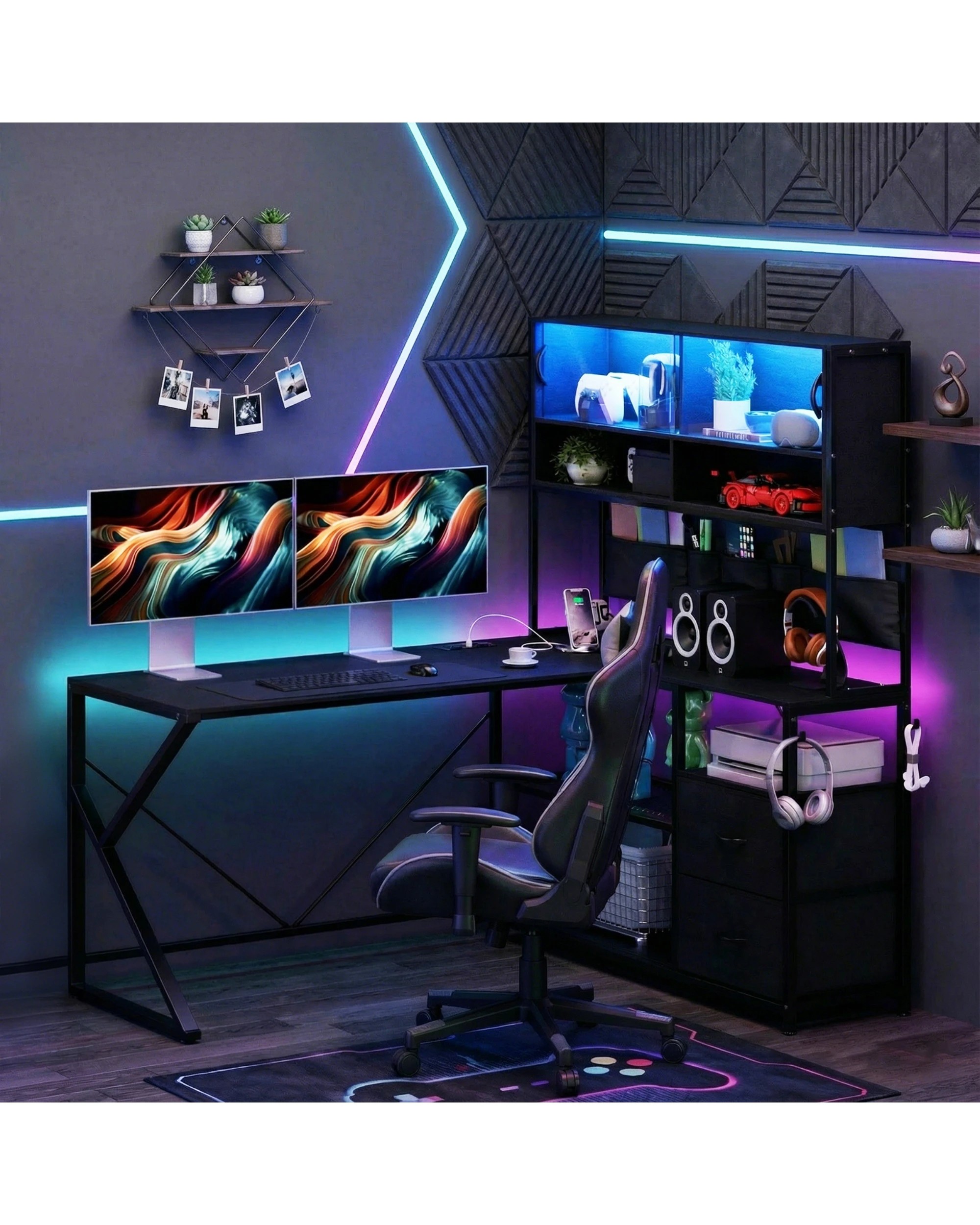 3 Advwin L Shaped Gaming Desk with LED Lights & Power Outlets Reversible 130cm Computer Desk  - Black, 3 of 9