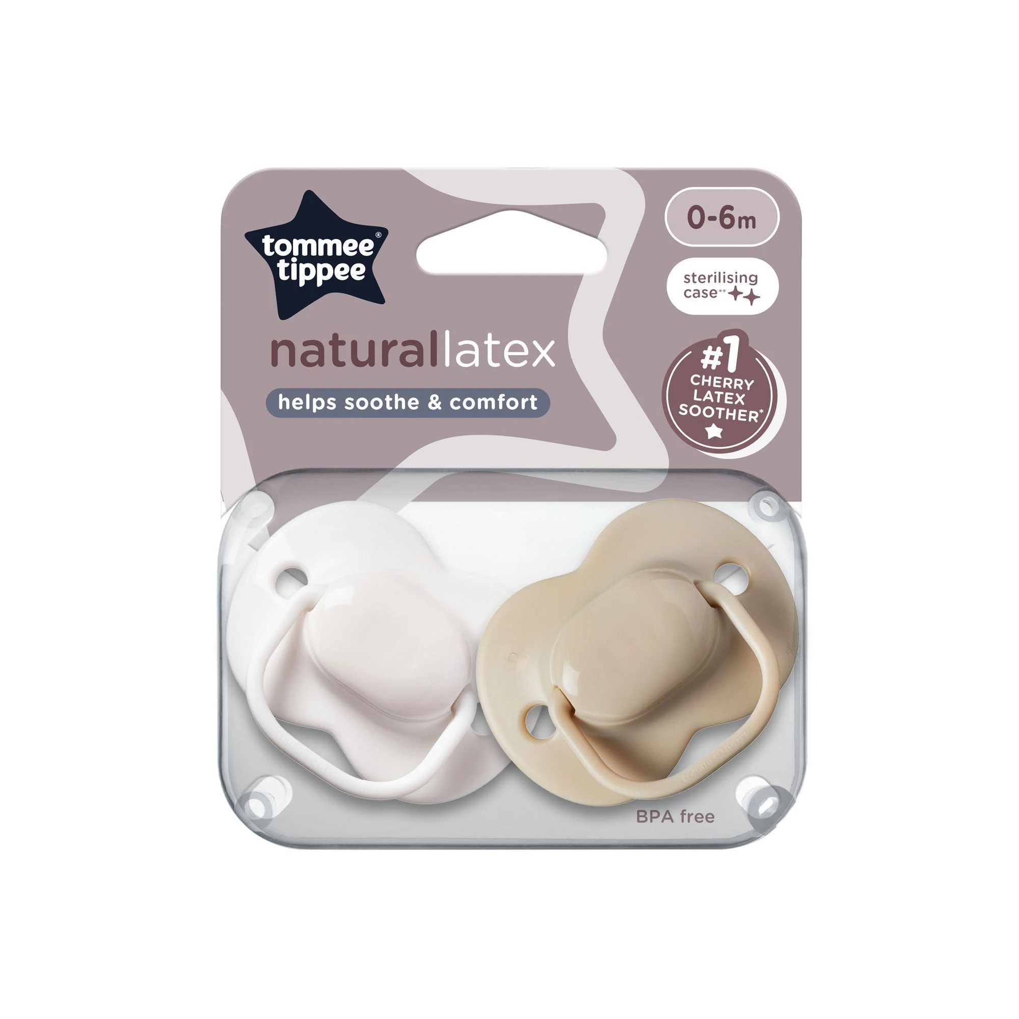 1 2 Pack Tommee Tippee Natural Latex Cherry Soothers - White and Beige, 1 of 6