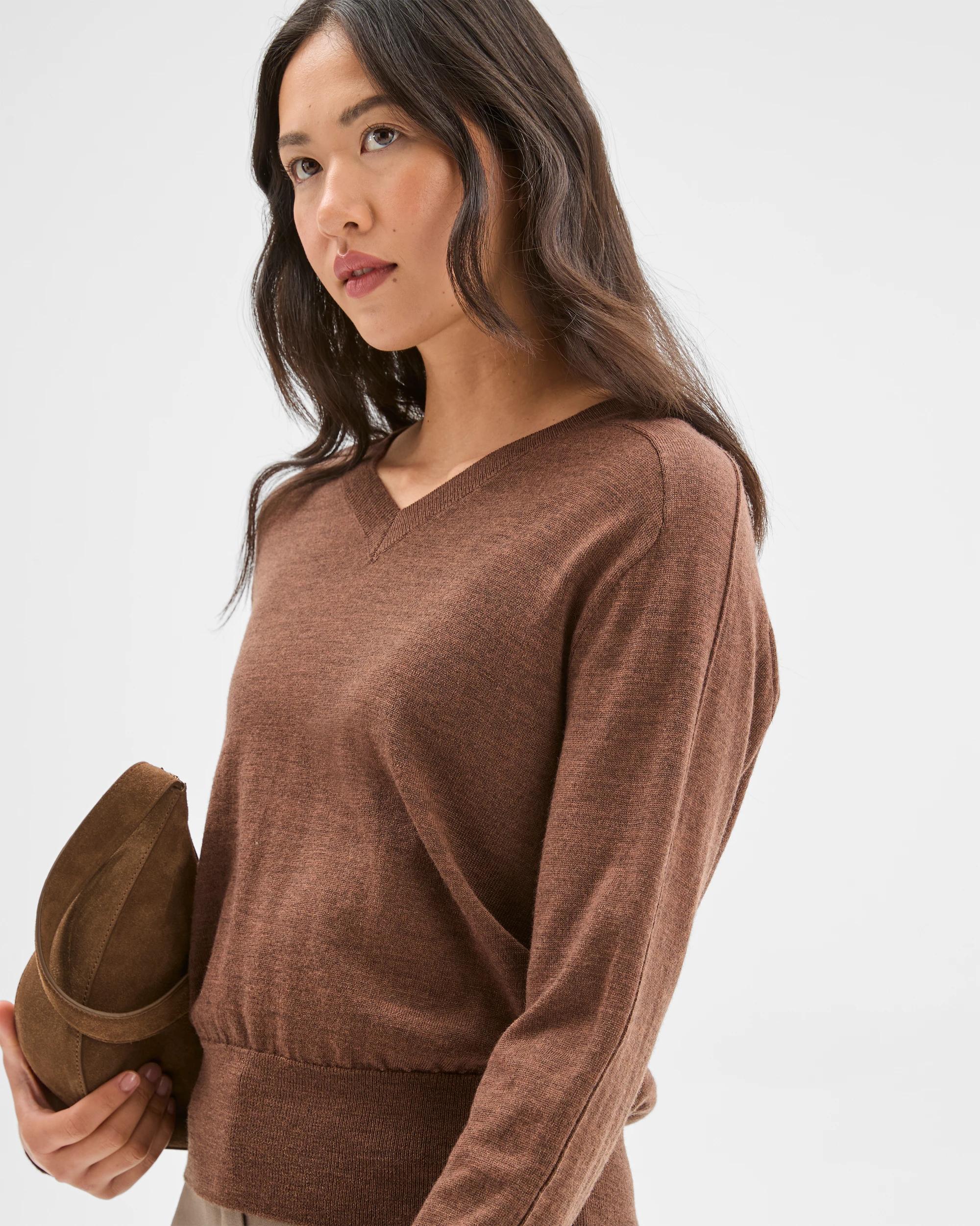 3 Preview Australian Merino Wool Long Sleeve V-Neck Knit Top CARAMEL BROWN MARLE, 3 of 7