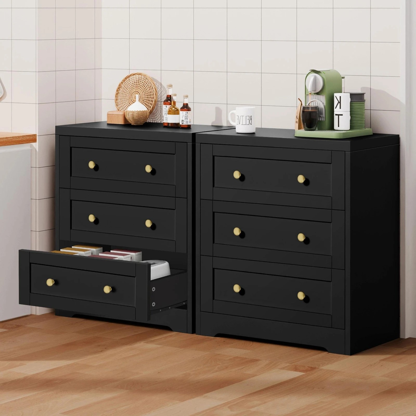 3 Alfordson 2x Chest of Drawers Storage Cabinet Bedside Table Hamptons Drawers - Black, 3 of 8