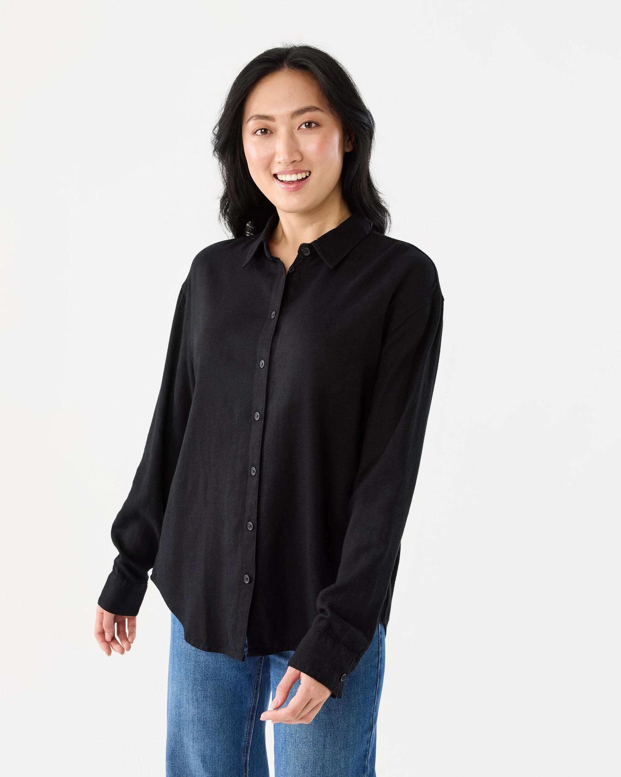 1 Long Sleeve Linen Blend Shirt Black, 1 of 7