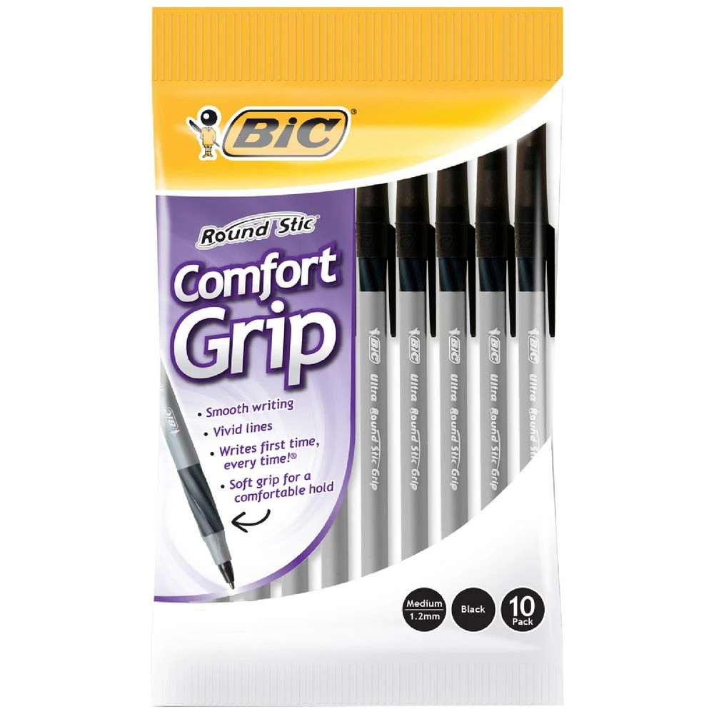 1 BIC Round Stic Comfort Grip Ballpoint Pens Black 10 Pack, 1 of 4
