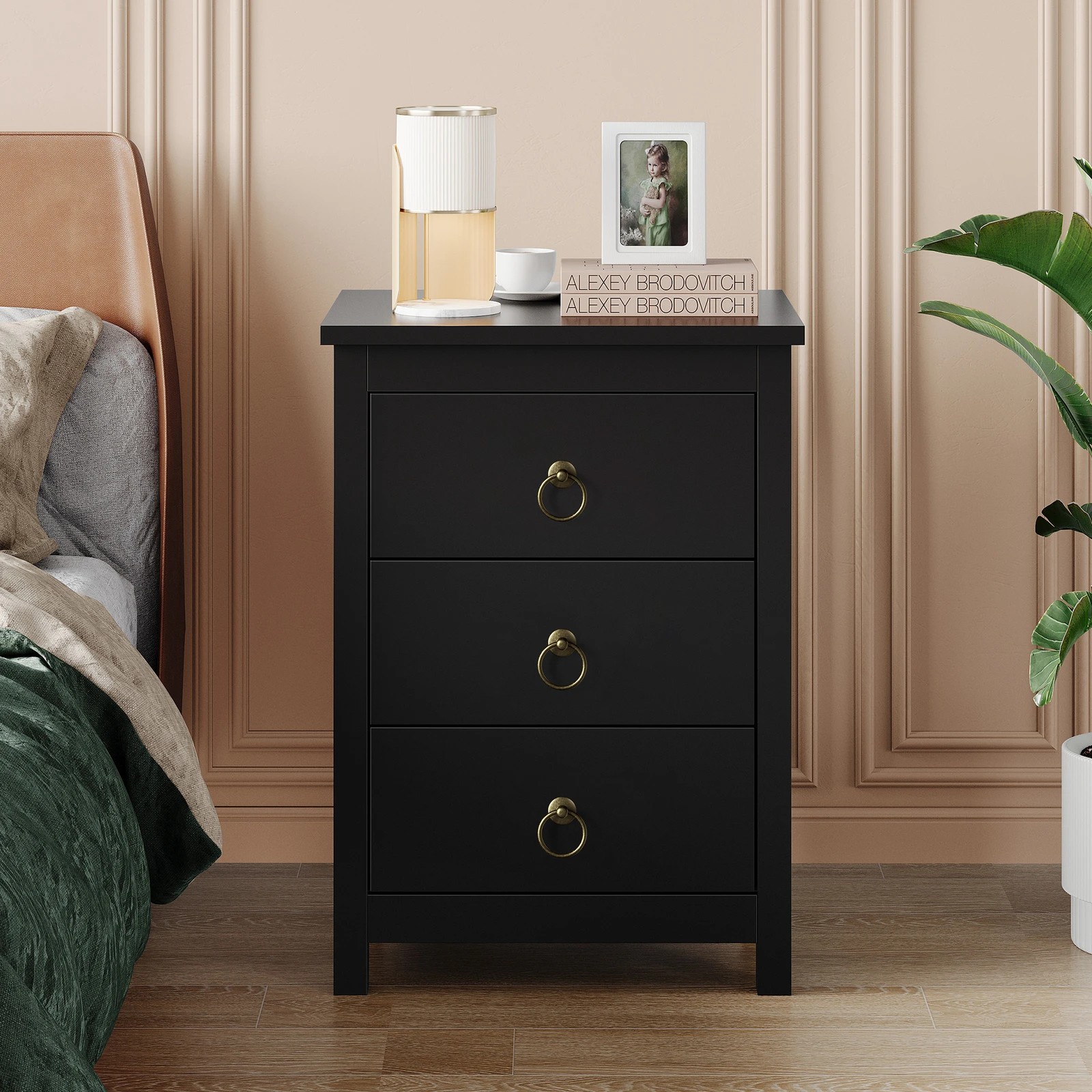 7 Alfordson Bedside Table Hamptons 3 Drawers Nightstand Storage Side End - Black, 7 of 10
