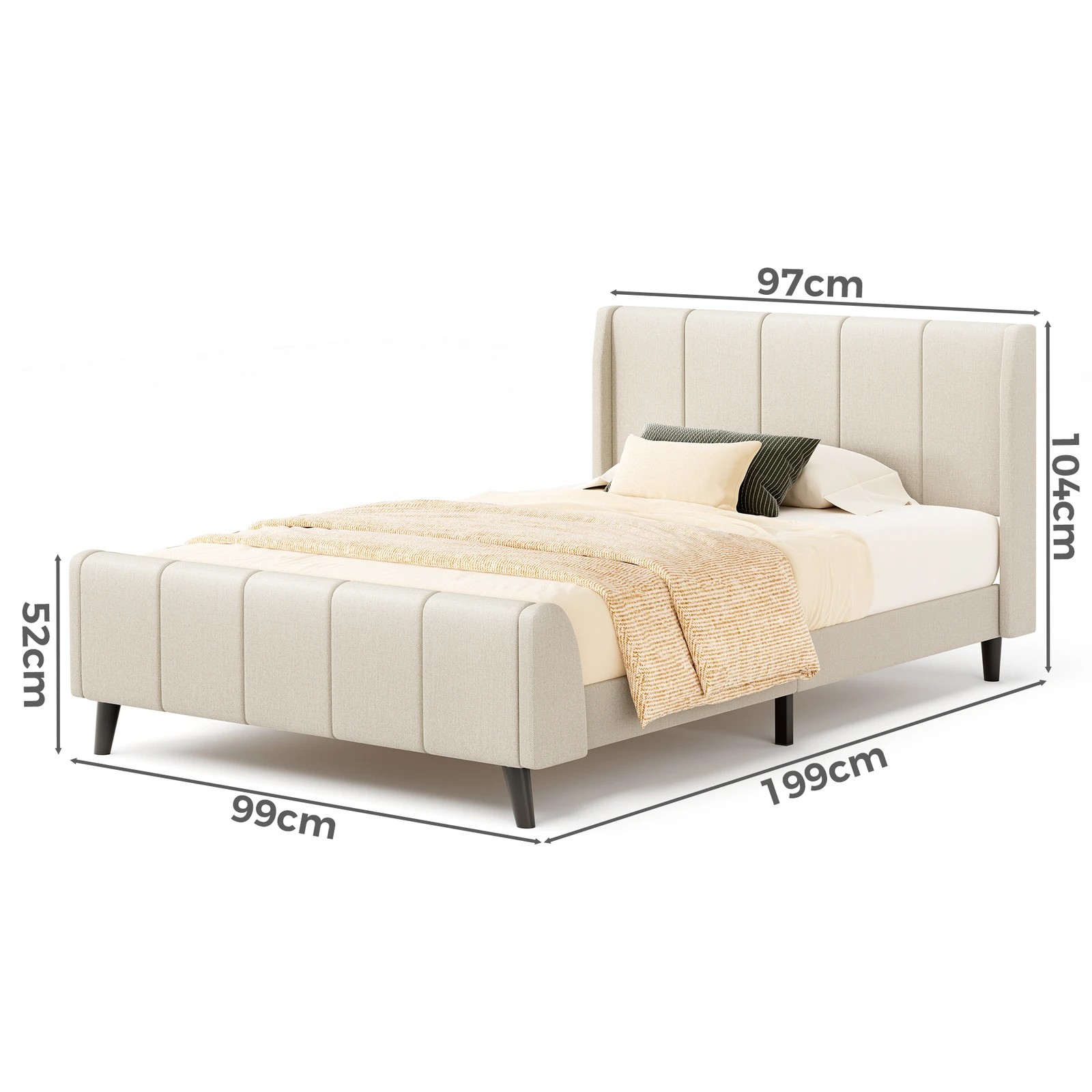 10 Alfordson Bed Frame Single Size Tufted Headboard Base Beige Fabric Hundolf - Beige, 10 of 10