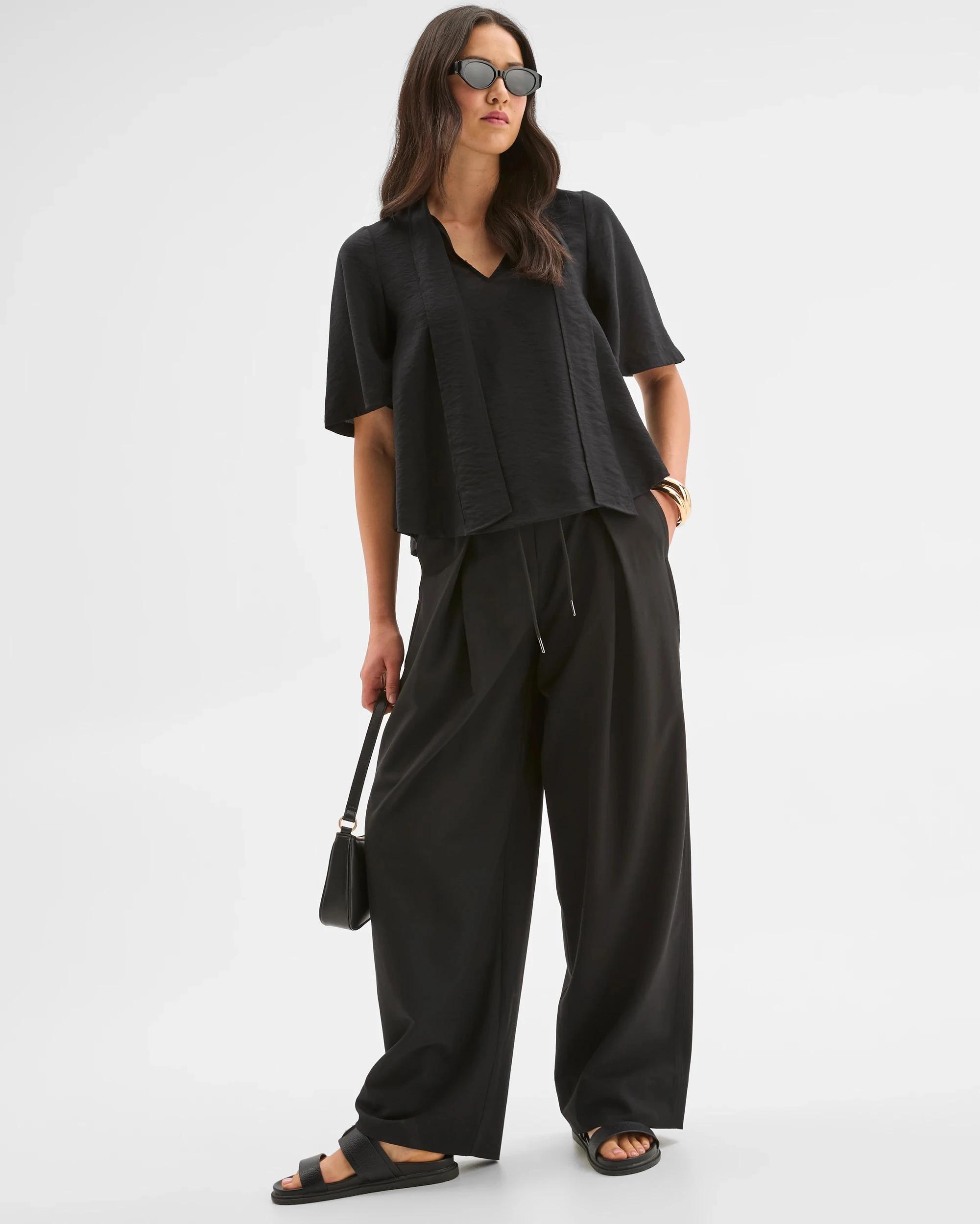 3 Preview Short Sleeve Tie Neck Blouse BLACK, 3 of 9