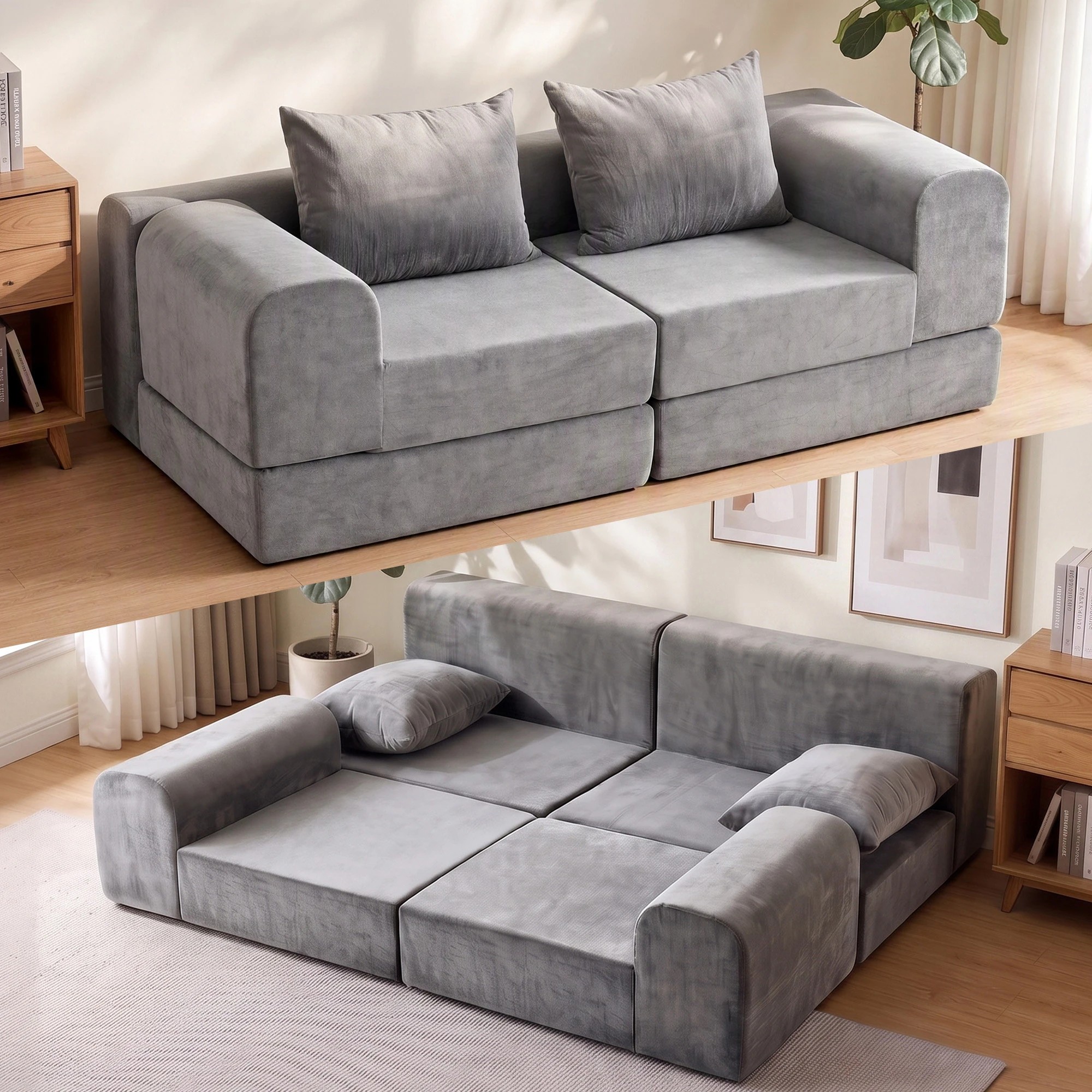 10 Artiss 5-in-1 Convertible Sofa Bed Floor Mattress Modular Boneless Curved Couch - Grey, 10 of 10