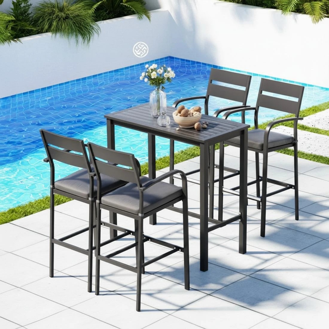 5 Gardeon Outdoor Bar Set 5-Piece Patio Dining Chairs Aluminium Table Stools - Black, 5 of 6