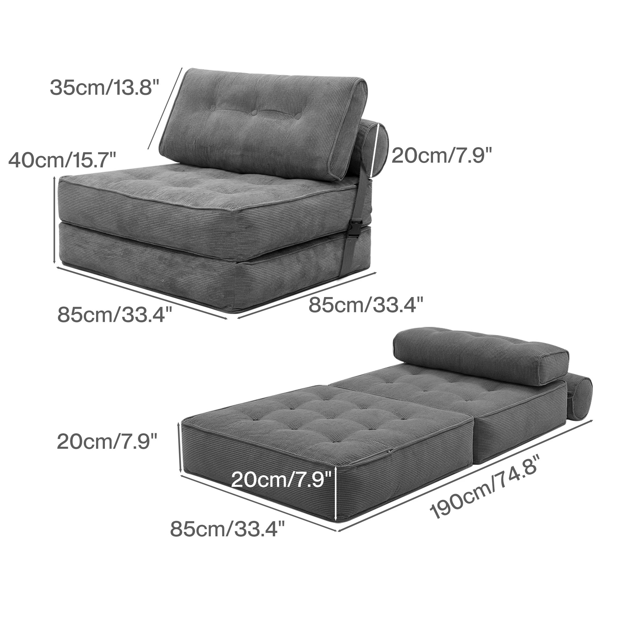 3 Levede Convertible Sofa Bed Foldable Single Sleeper Bed Compact Living Room Grey - Grey, 3 of 9