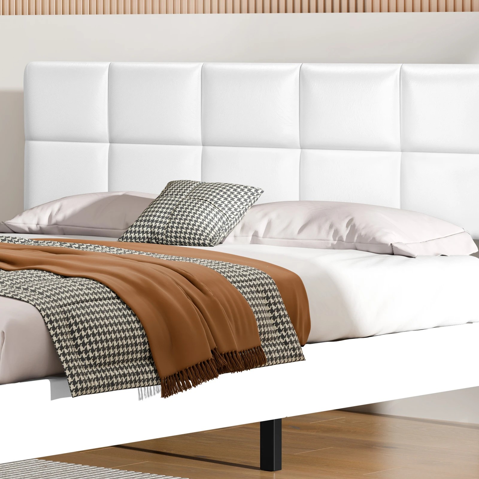 3 Alfordson Bed Frame Double Size Wooden Slats Platform Leather Paula - White, 3 of 9